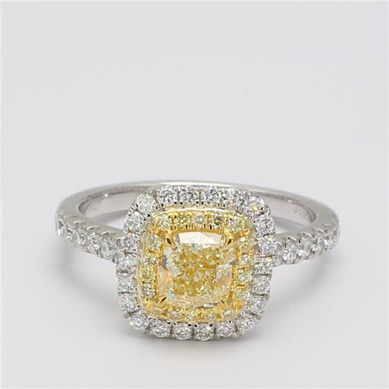 GIA Certified Natural Yellow Cushion and White Diamond 1.59 Carat TW Gold Ring