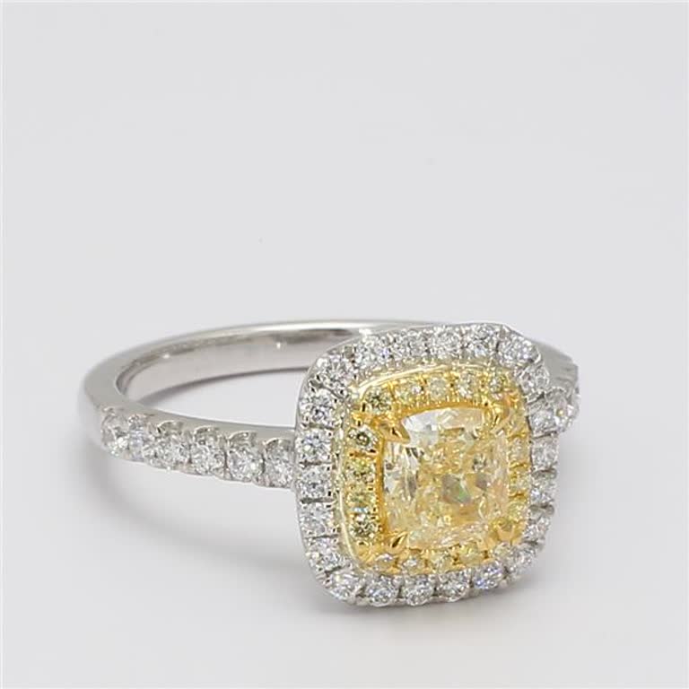 GIA Certified Natural Yellow Cushion and White Diamond 1.59 Carat TW Gold Ring