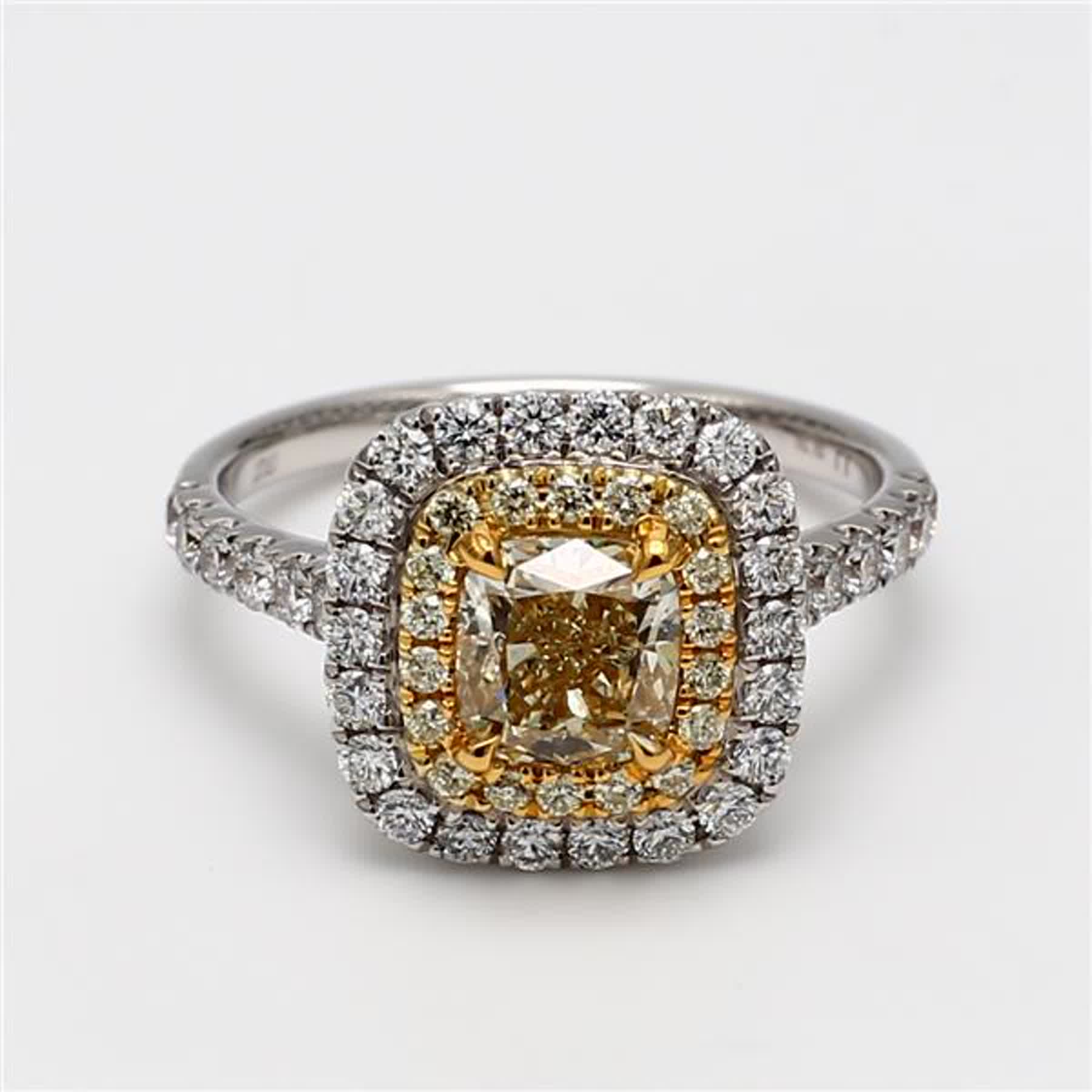 GIA Certified Natural Yellow Cushion and White Diamond 1.95 Carat TW Gold Ring