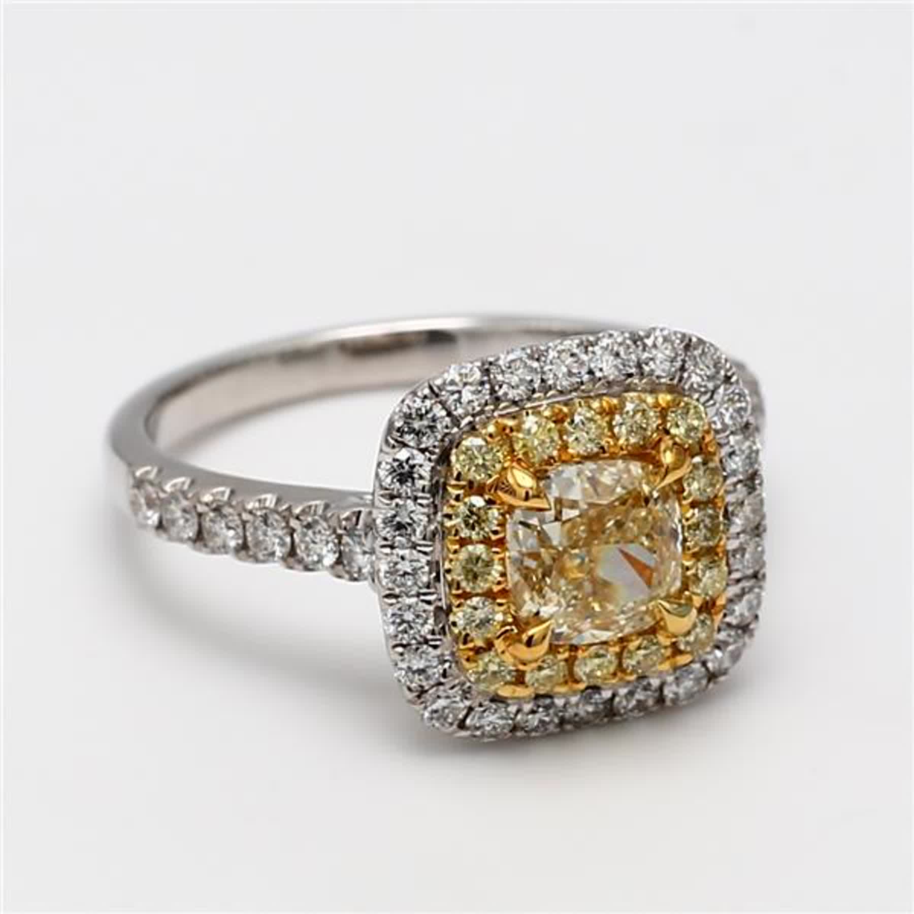 GIA Certified Natural Yellow Cushion and White Diamond 1.78 Carat TW Gold Ring