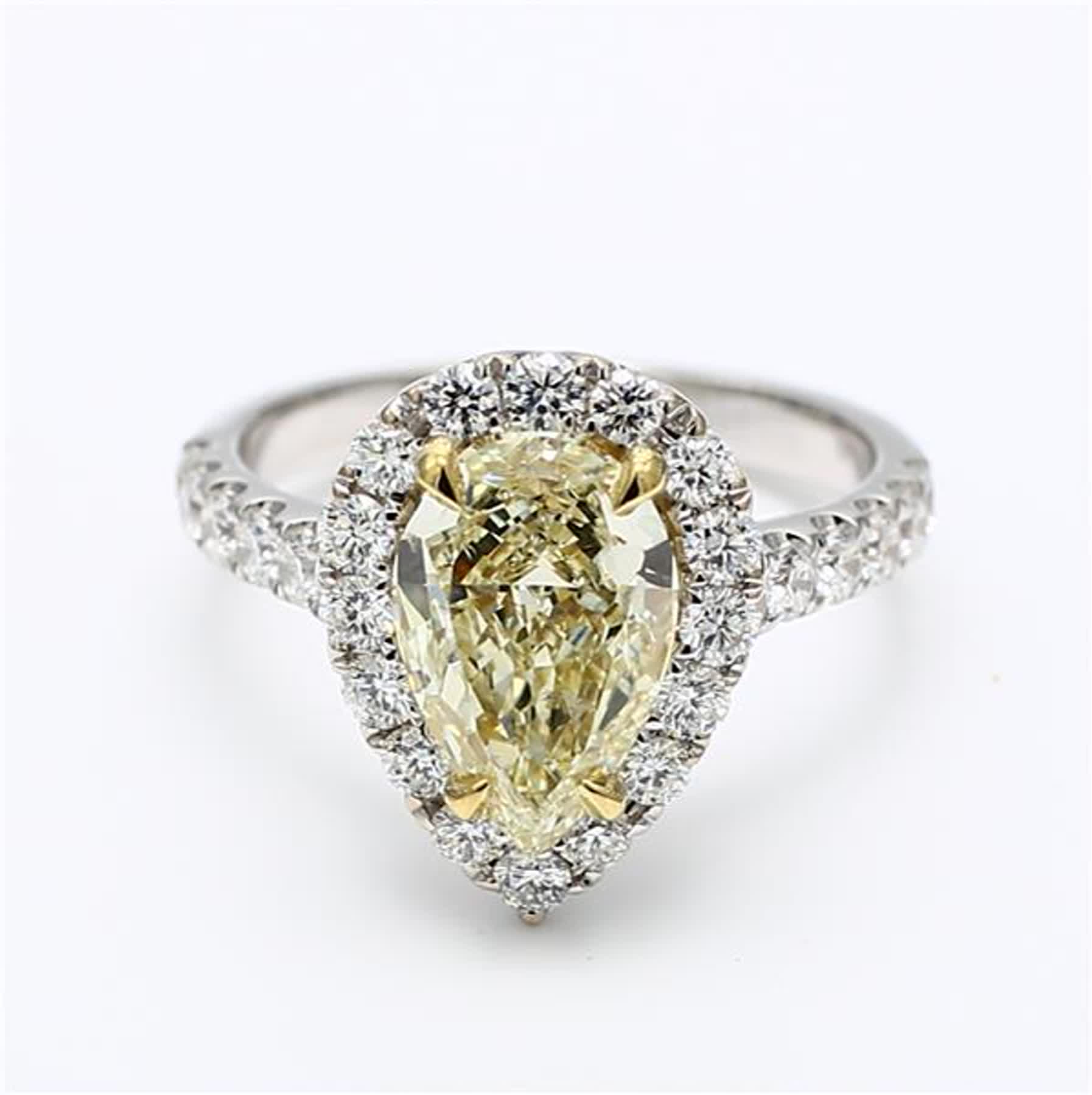 GIA Certified Natural Yellow Pear and White Diamond 3.41 Carat TW Gold Ring