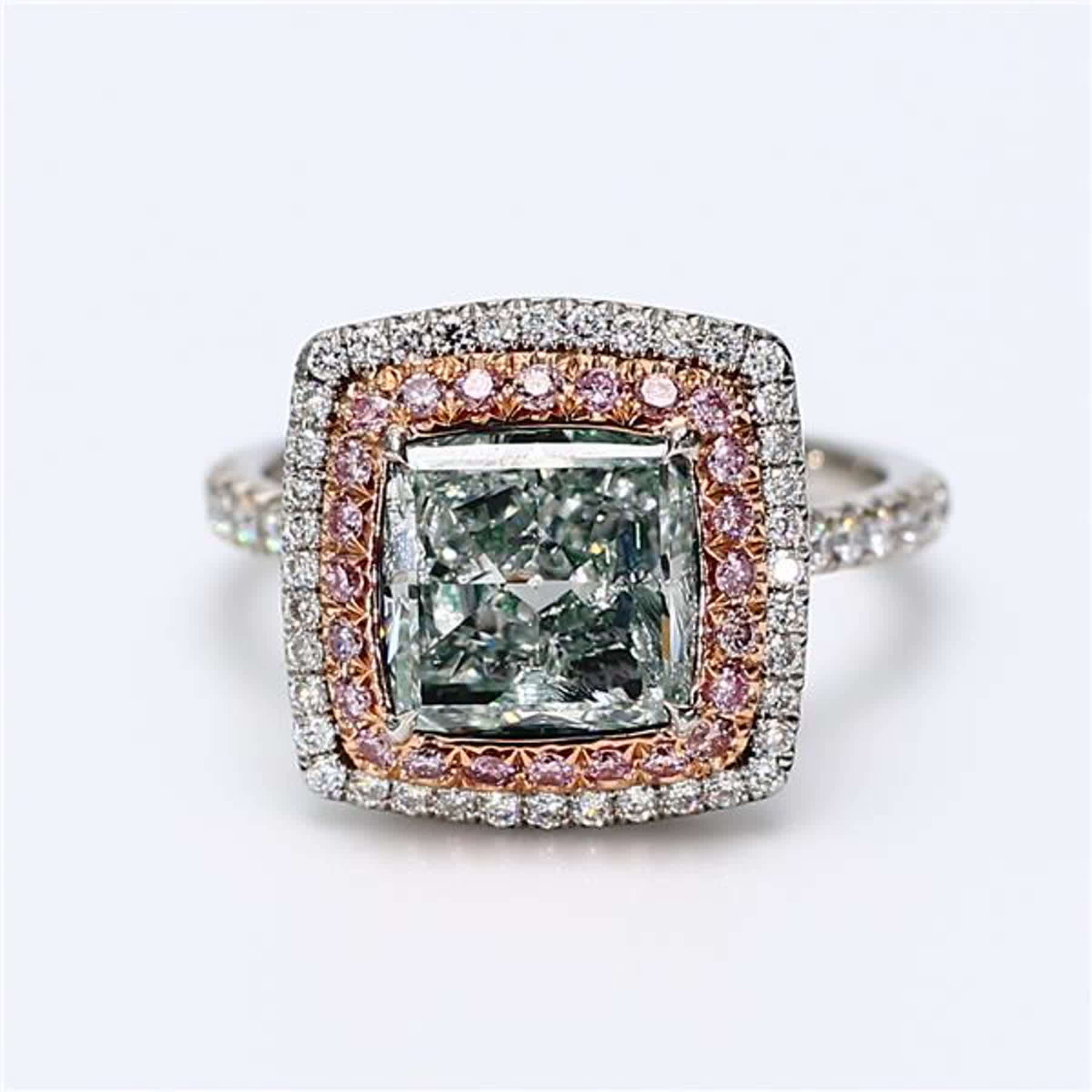 GIA Certified Natural Green Cushion and White Diamond 2.87 Carat TW Gold Ring