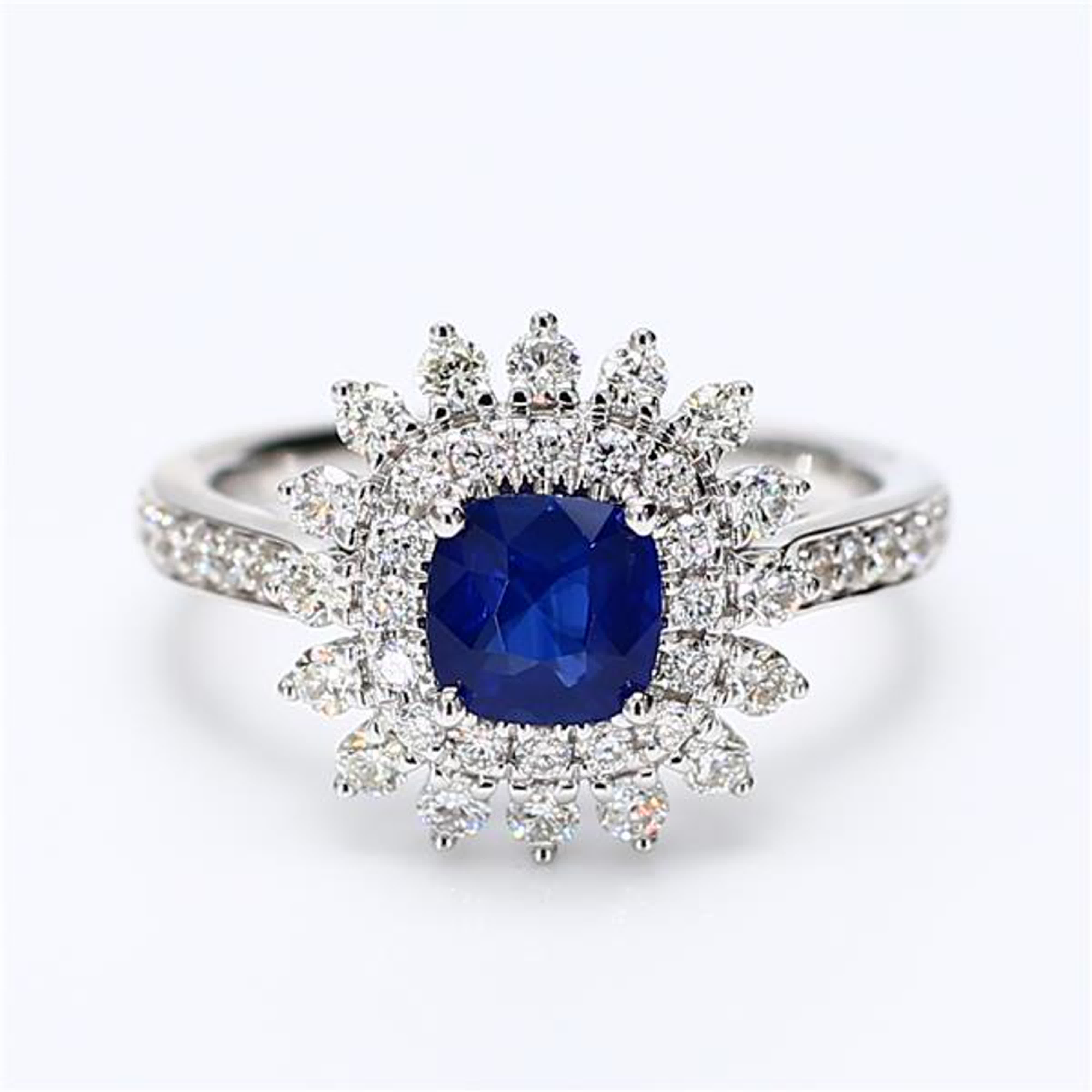 Natural Blue Cushion Sapphire and White Diamond 1.75 Carat TW White Gold Ring