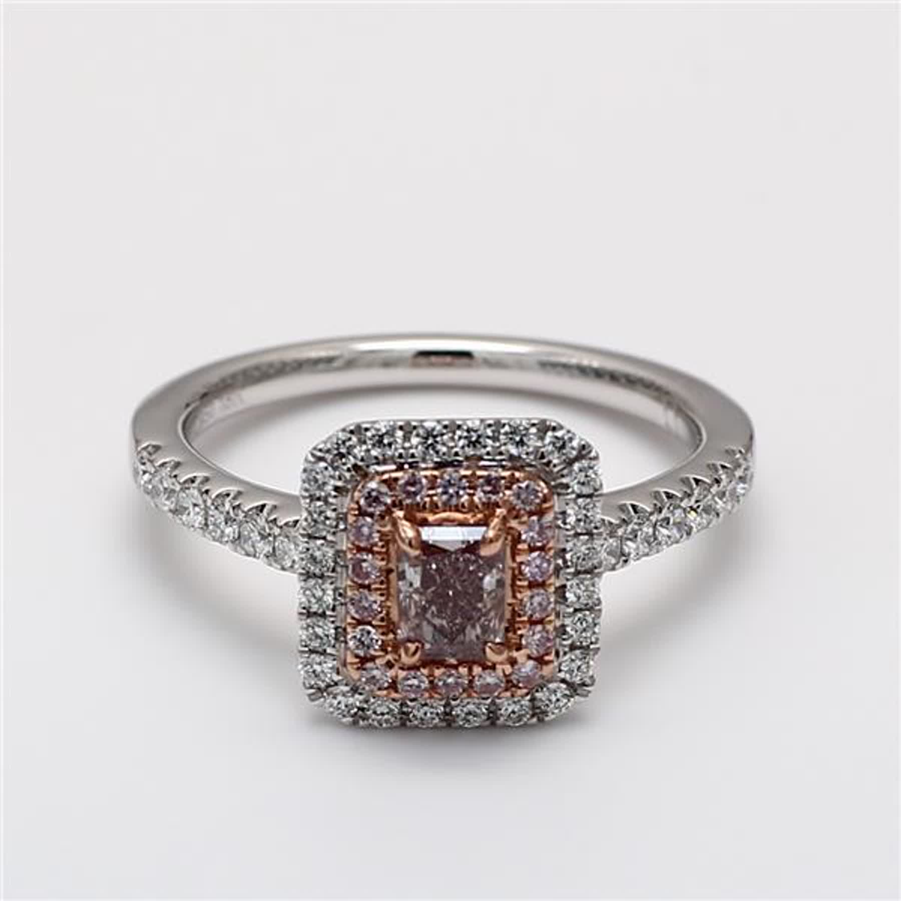 GIA Certified Natural Pink Radiant and White Diamond .83 Carat TW Plat Ring