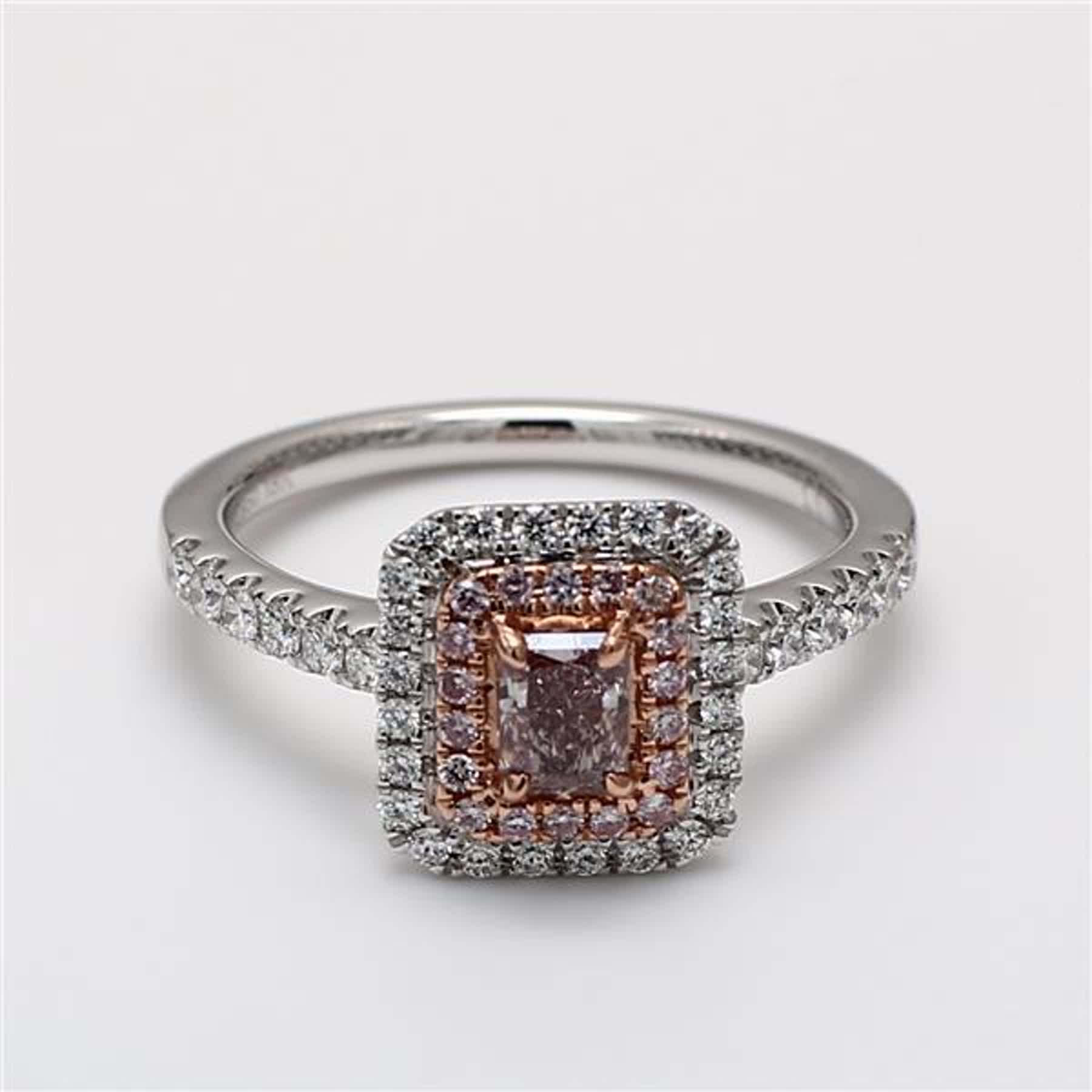 GIA Certified Natural Pink Radiant and White Diamond .83 Carat TW Plat Ring