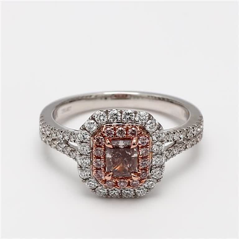 GIA Certified Natural Pink Radiant and White Diamond 1.08 Carat TW Gold Ring