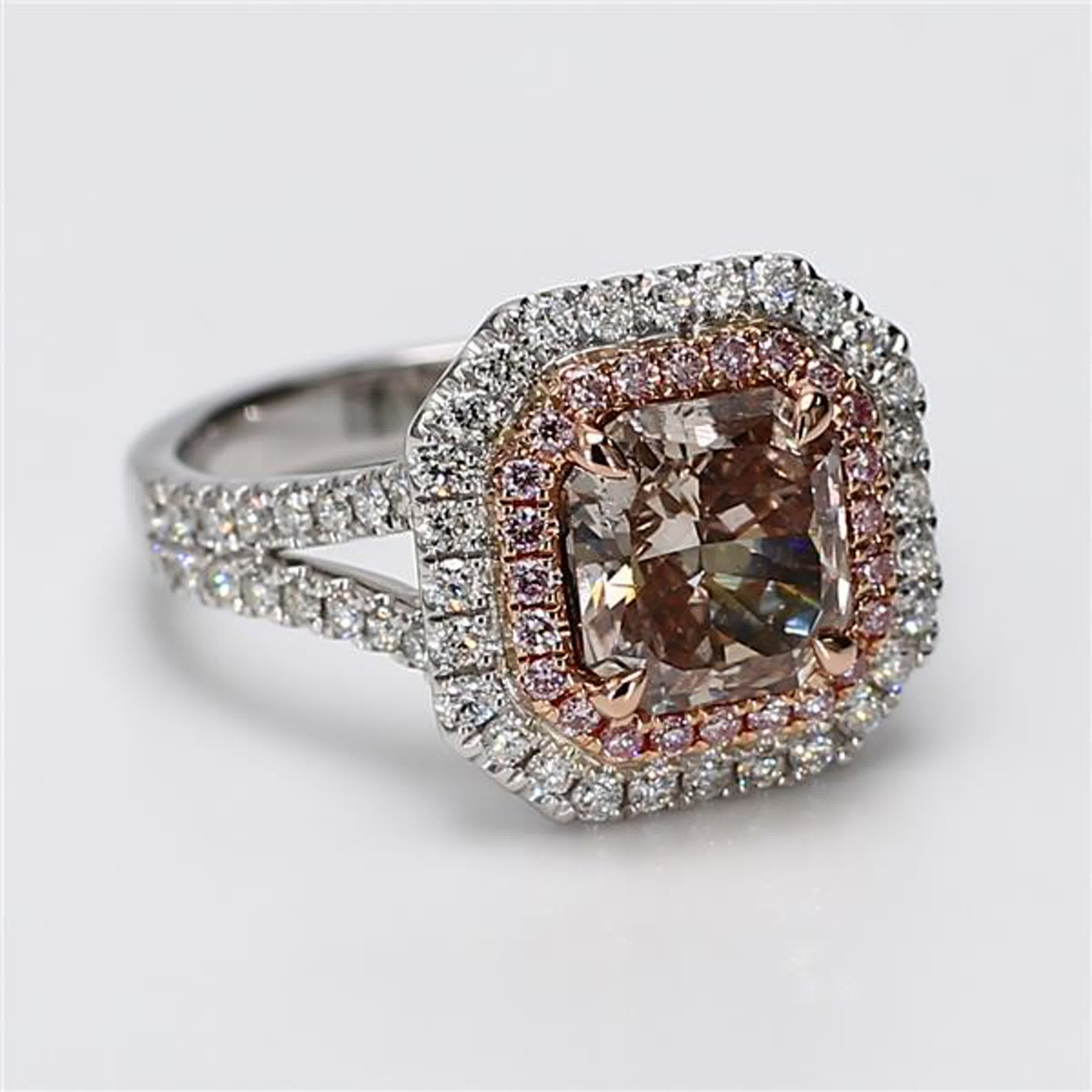 GIA Certified Natural Pink Radiant and White Diamond 2.71 Carat TW Gold Ring