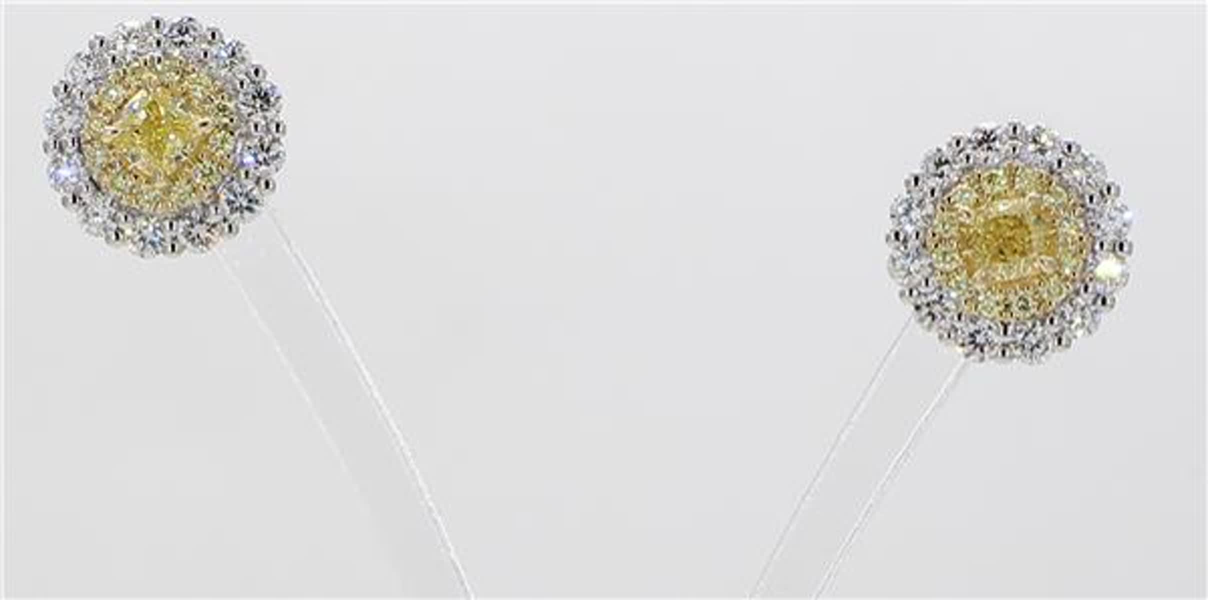 Natural Yellow Cushion and White Diamond 1.28 Carat TW Gold Stud Earrings