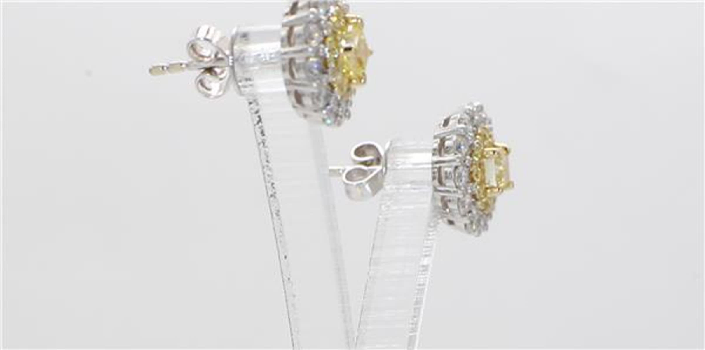 Natural Yellow Cushion and White Diamond 1.28 Carat TW Gold Stud Earrings