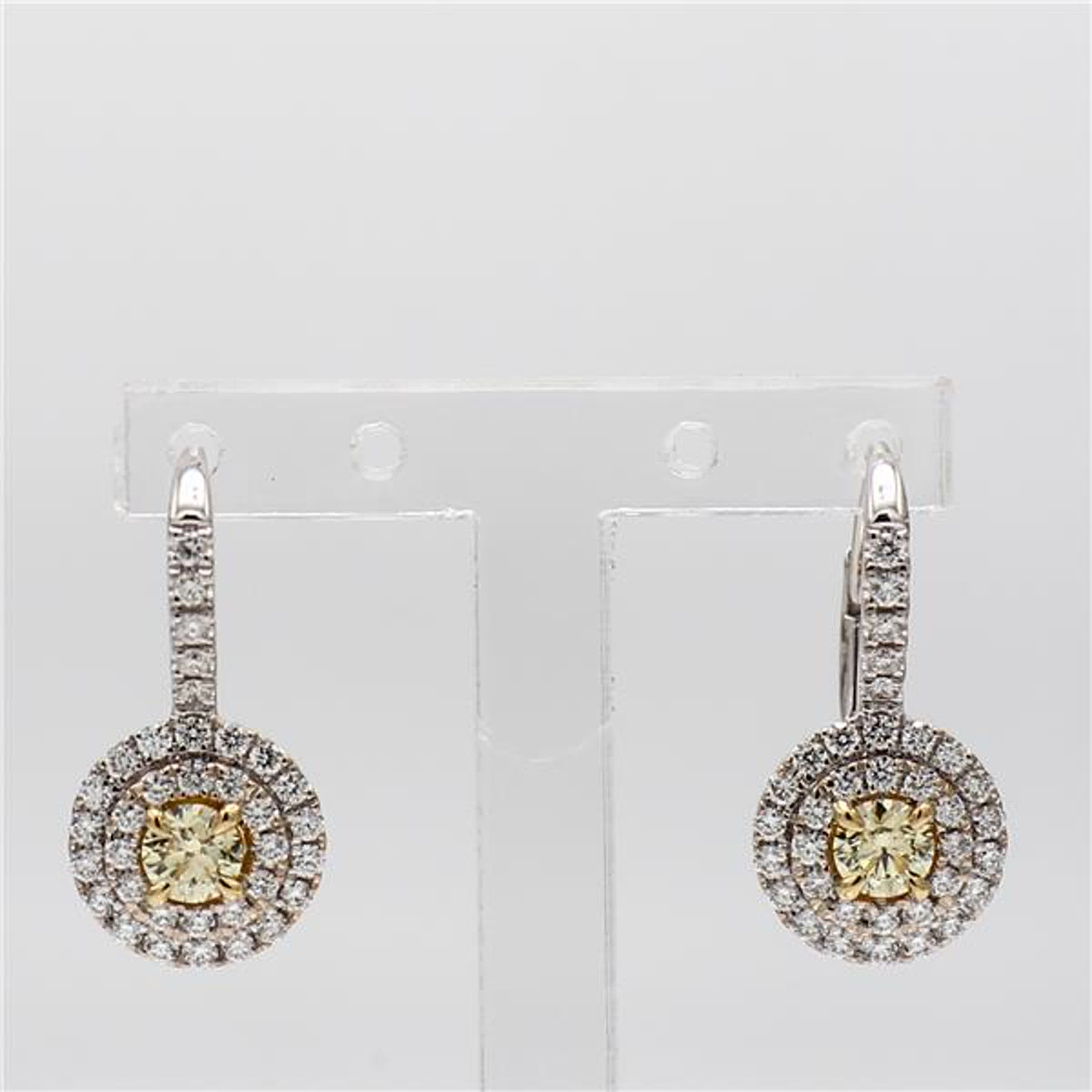 Natural Yellow Round and White Diamond .85 Carat TW Gold Drop Earrings