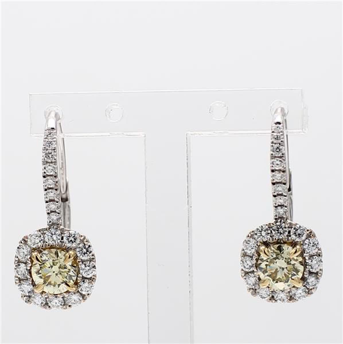 Natural Yellow Round and White Diamond 1.63 Carat TW White Gold Drop Earrings