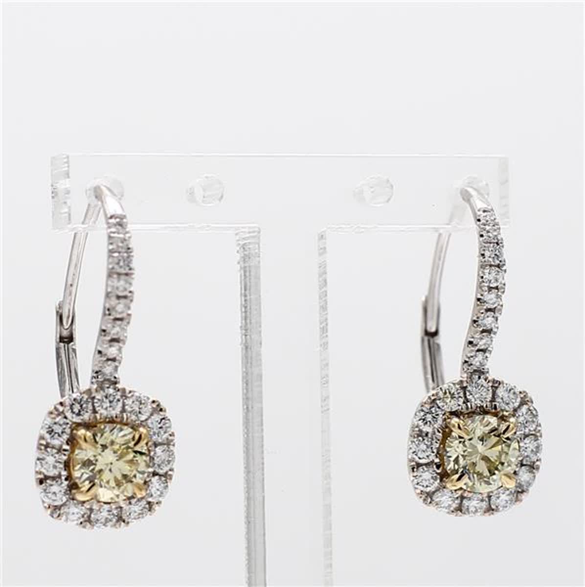 Natural Yellow Round and White Diamond 1.63 Carat TW White Gold Drop Earrings