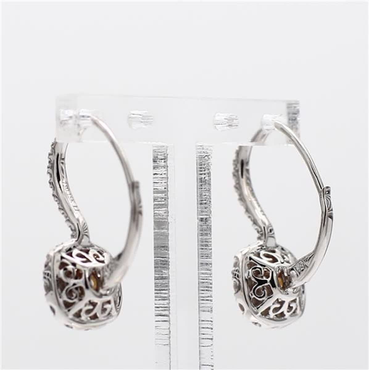 Natural Yellow Round and White Diamond 1.63 Carat TW White Gold Drop Earrings