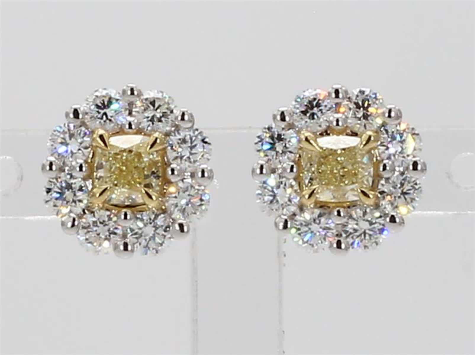 Natural Yellow Cushion and White Diamond 1.41 Carat TW Gold Stud Earrings