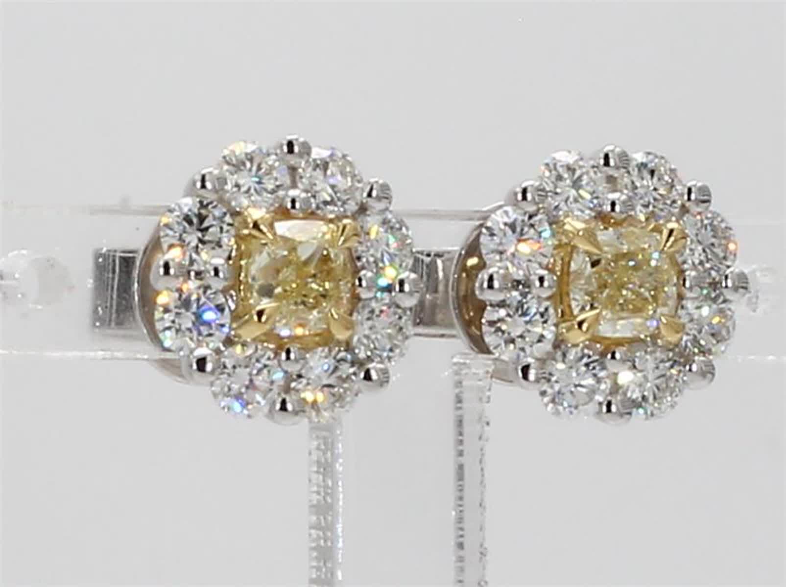 Natural Yellow Cushion and White Diamond 1.41 Carat TW Gold Stud Earrings