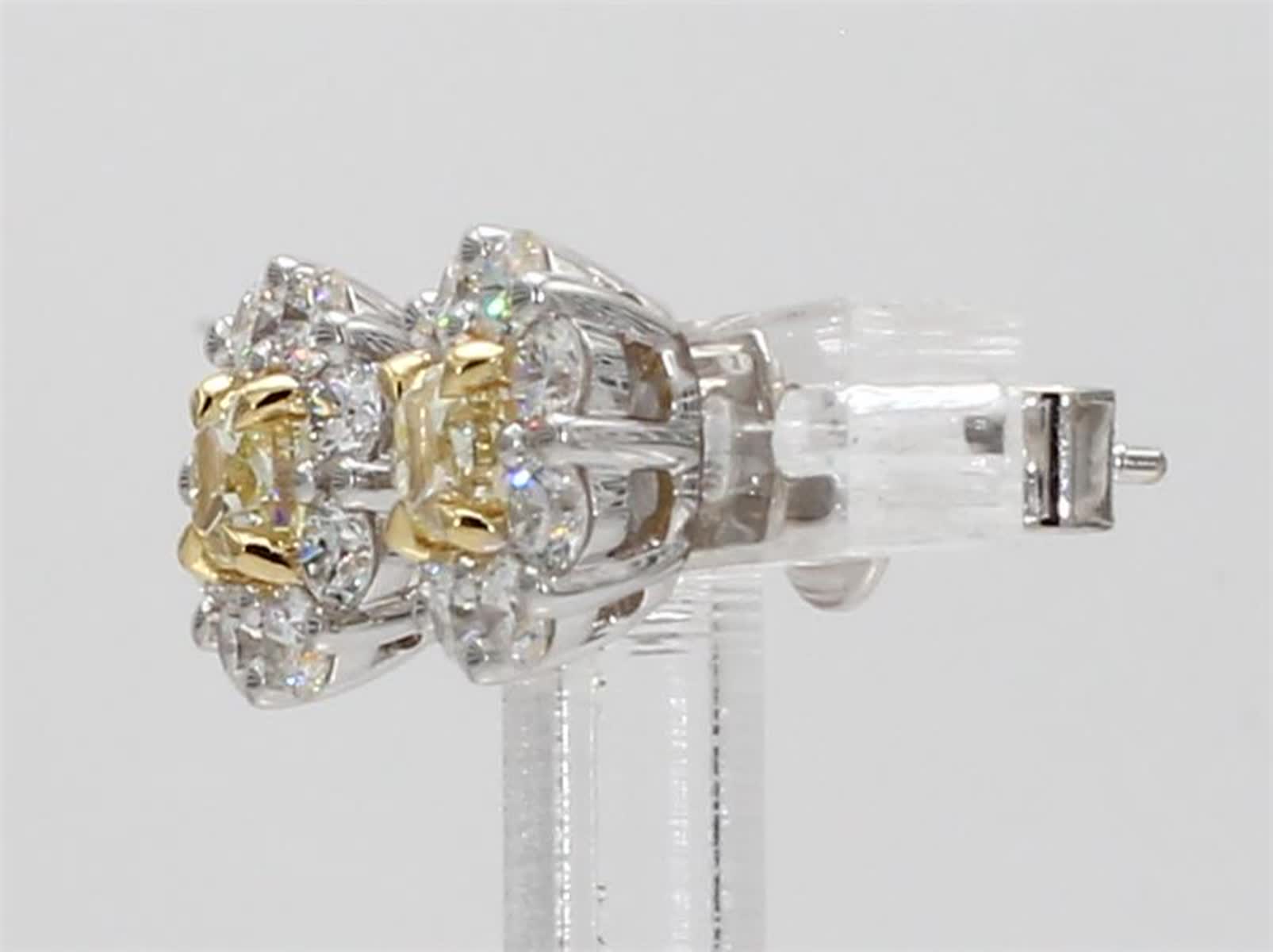Natural Yellow Cushion and White Diamond 1.41 Carat TW Gold Stud Earrings
