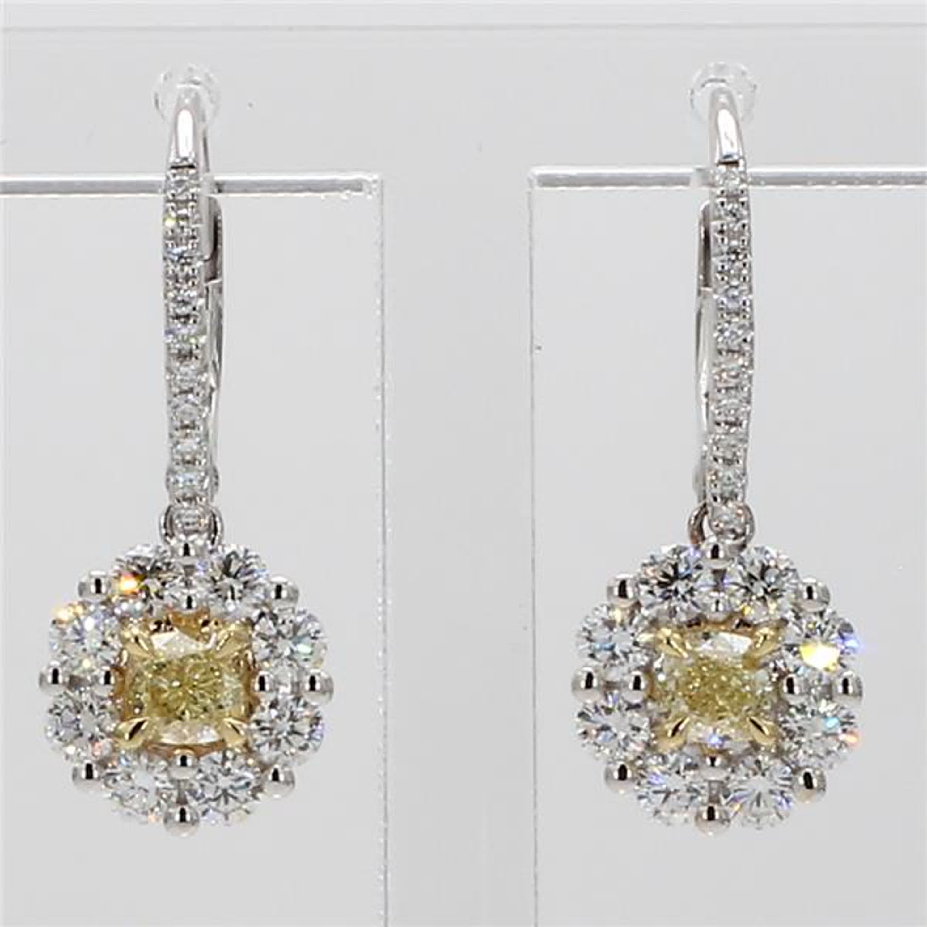 Natural Yellow Cushion and White Diamond 1.48 Carat TW Gold Drop Earrings