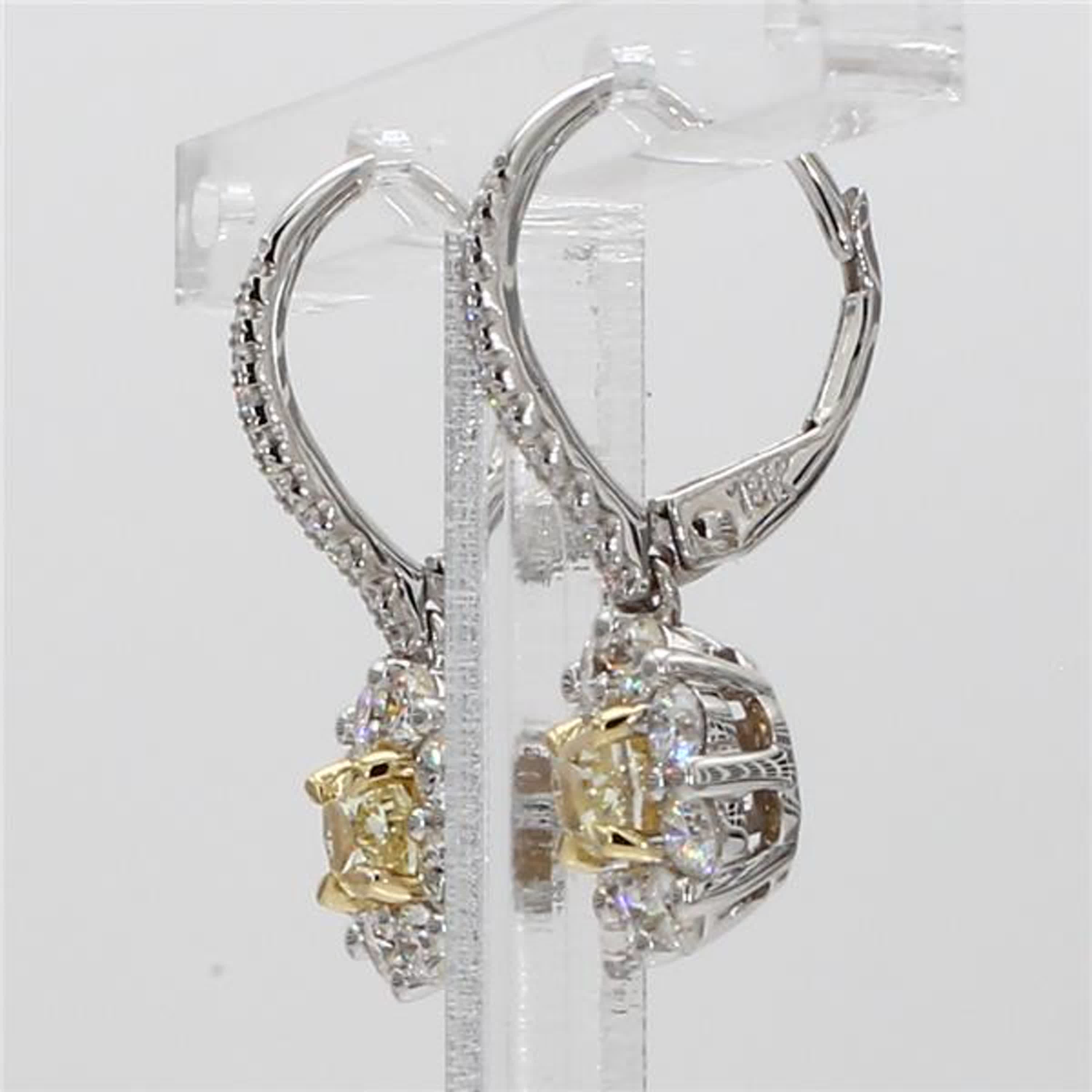 Natural Yellow Cushion and White Diamond 1.48 Carat TW Gold Drop Earrings