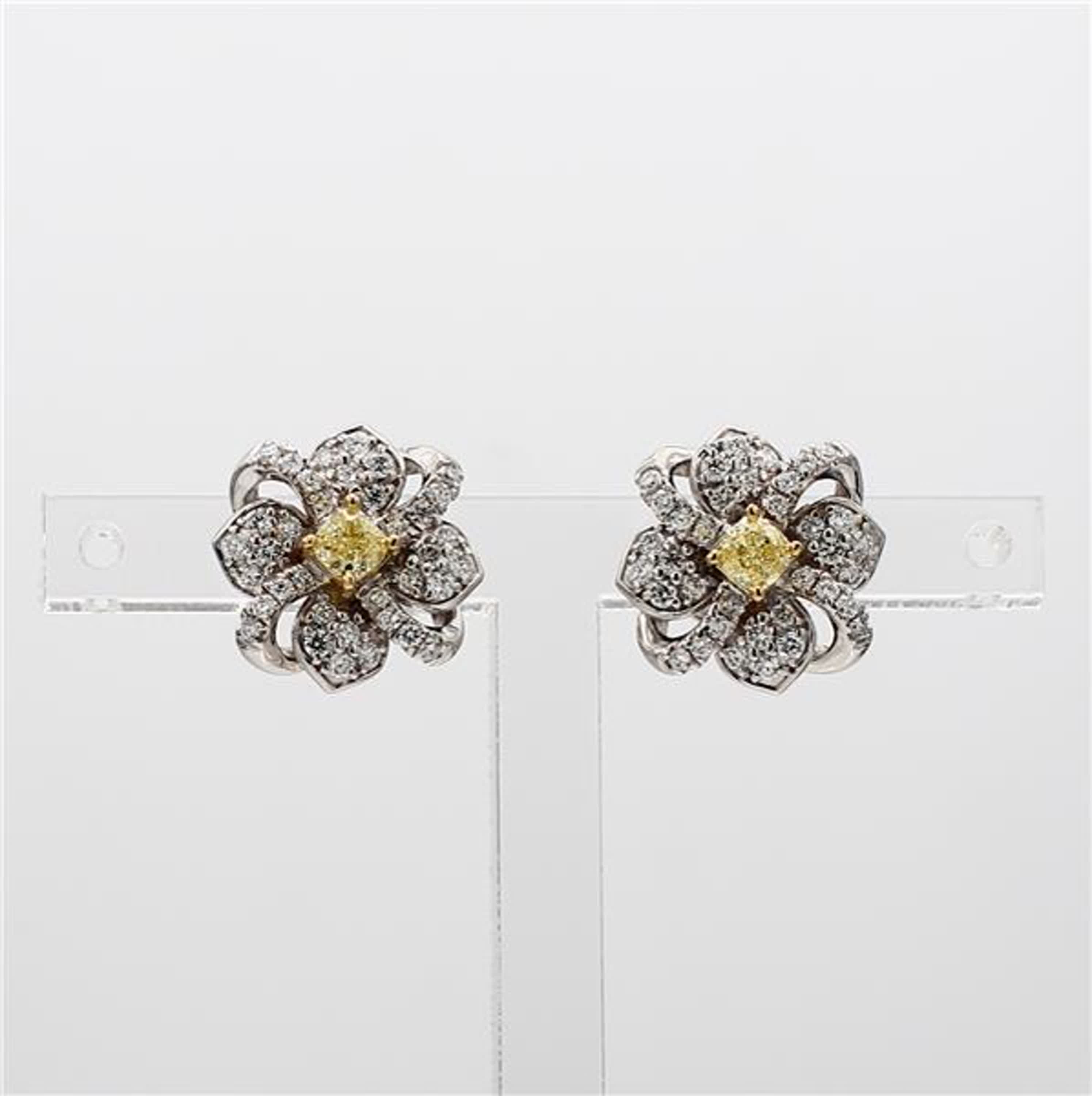 Natural Yellow Cushion and White Diamond .76 Carat TW Gold Stud Earrings