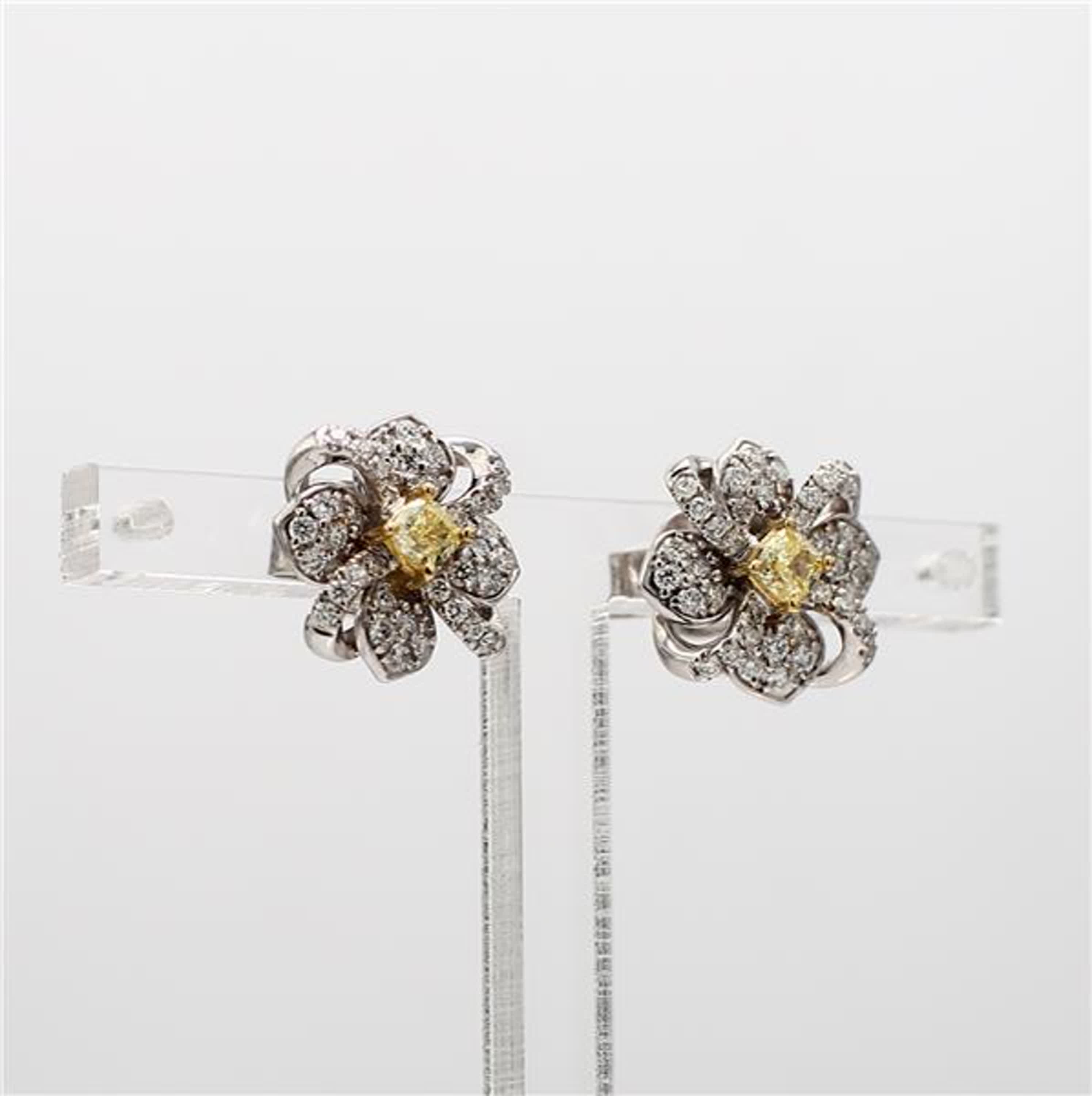 Natural Yellow Cushion and White Diamond .76 Carat TW Gold Stud Earrings