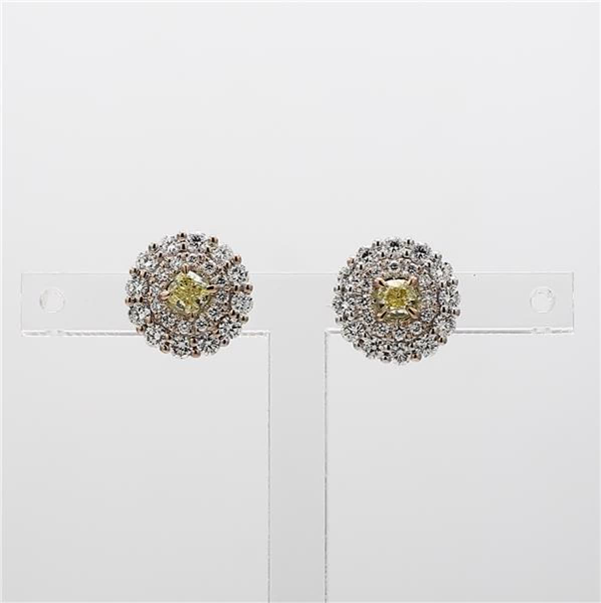 Natural Yellow Cushion and White Diamond 1.06 Carat TW White Gold Stud Earrings