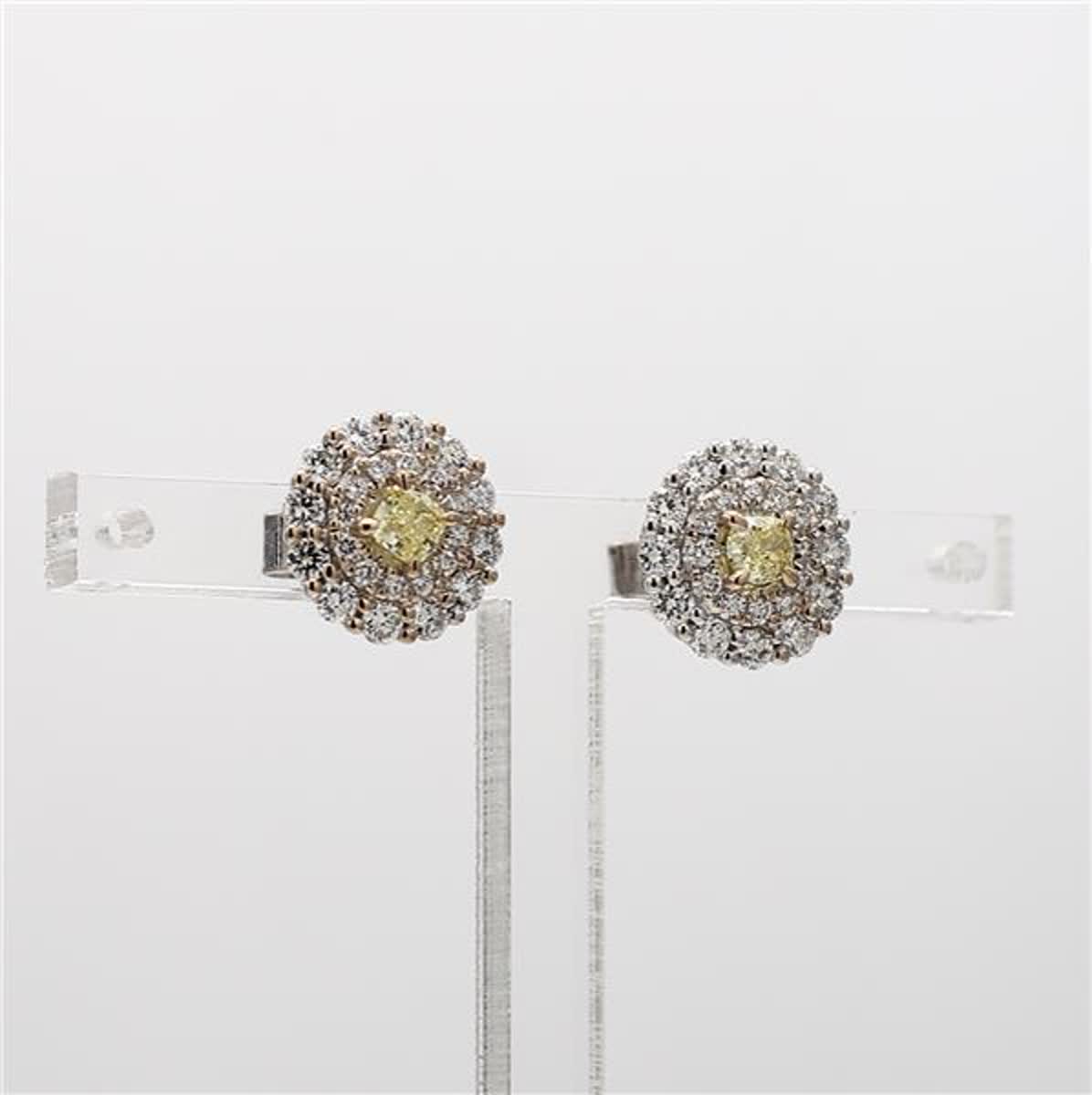 Natural Yellow Cushion and White Diamond 1.06 Carat TW White Gold Stud Earrings