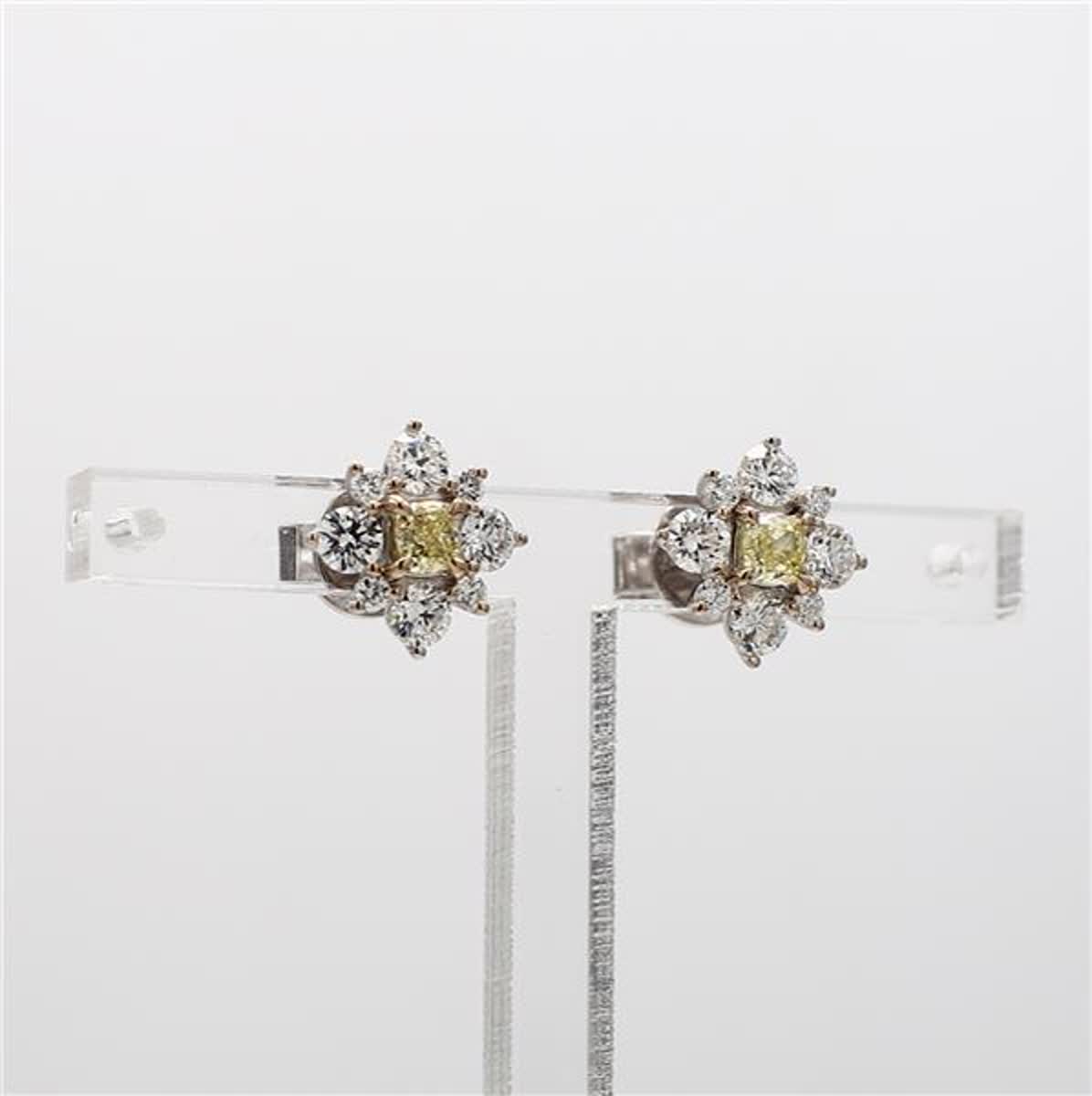 Natural Yellow Cushion and White Diamond 1.24 Carat TW White Gold Stud Earrings
