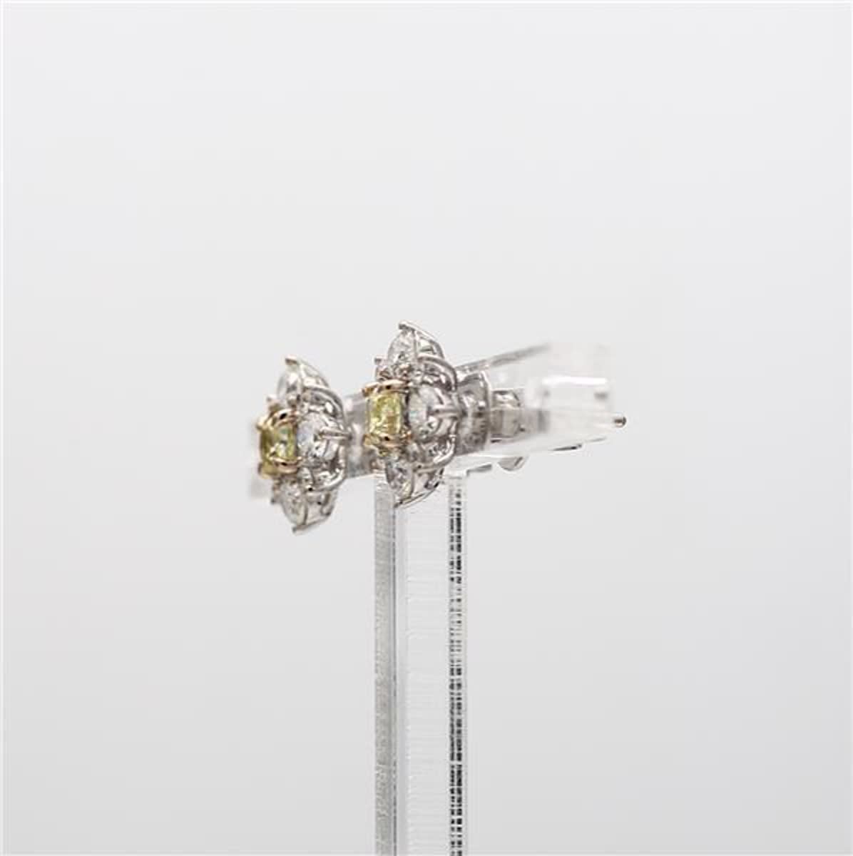 Natural Yellow Cushion and White Diamond 1.24 Carat TW White Gold Stud Earrings