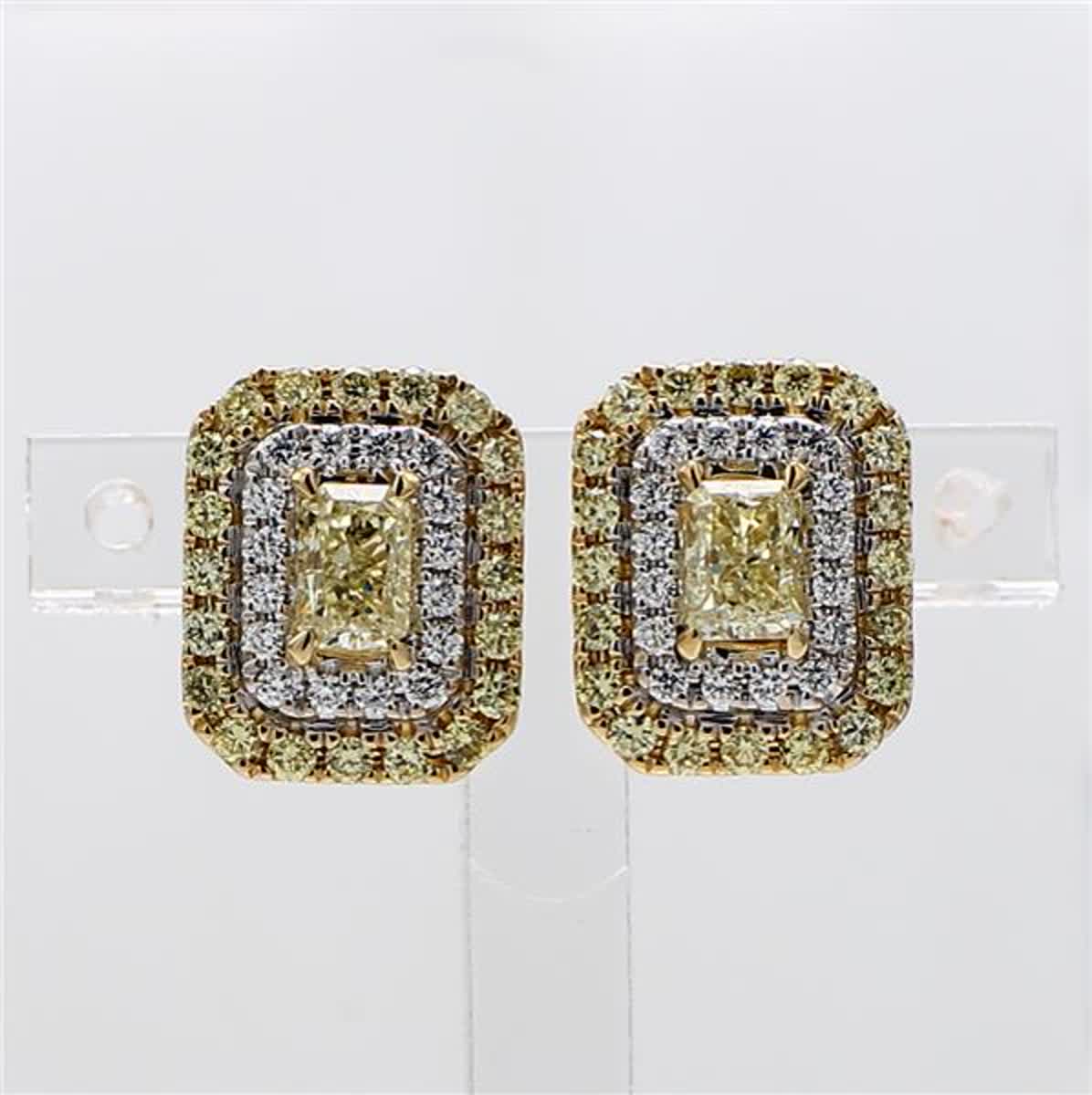 Natural Yellow Radiant and White Diamond 1.51 Carat TW Gold Stud Earrings