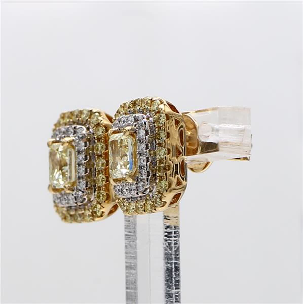 Natural Yellow Radiant and White Diamond 1.51 Carat TW Gold Stud Earrings