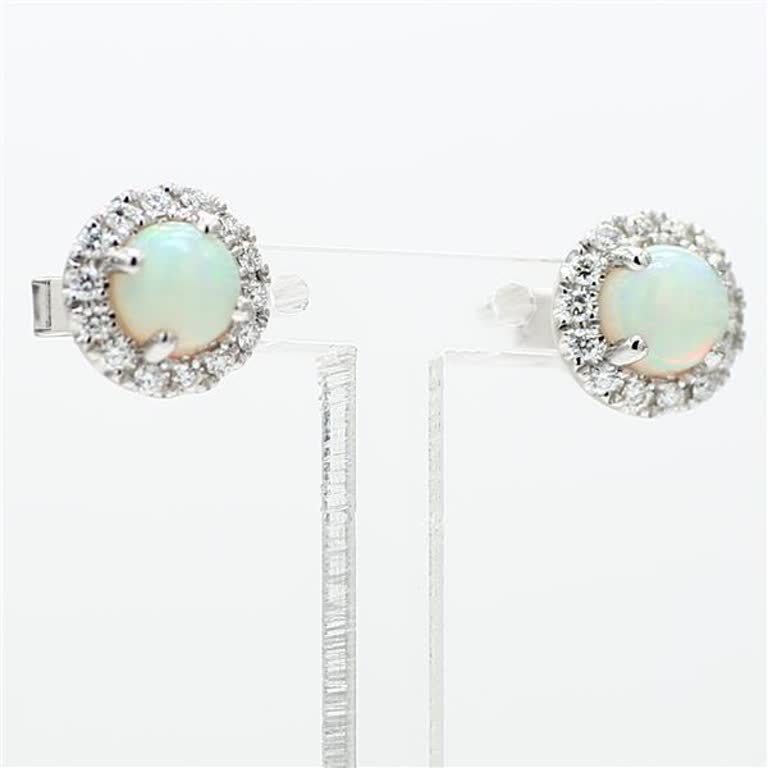 Natural Round Opal and White Diamond 1.86 Carat TW White Gold Stud Earrings