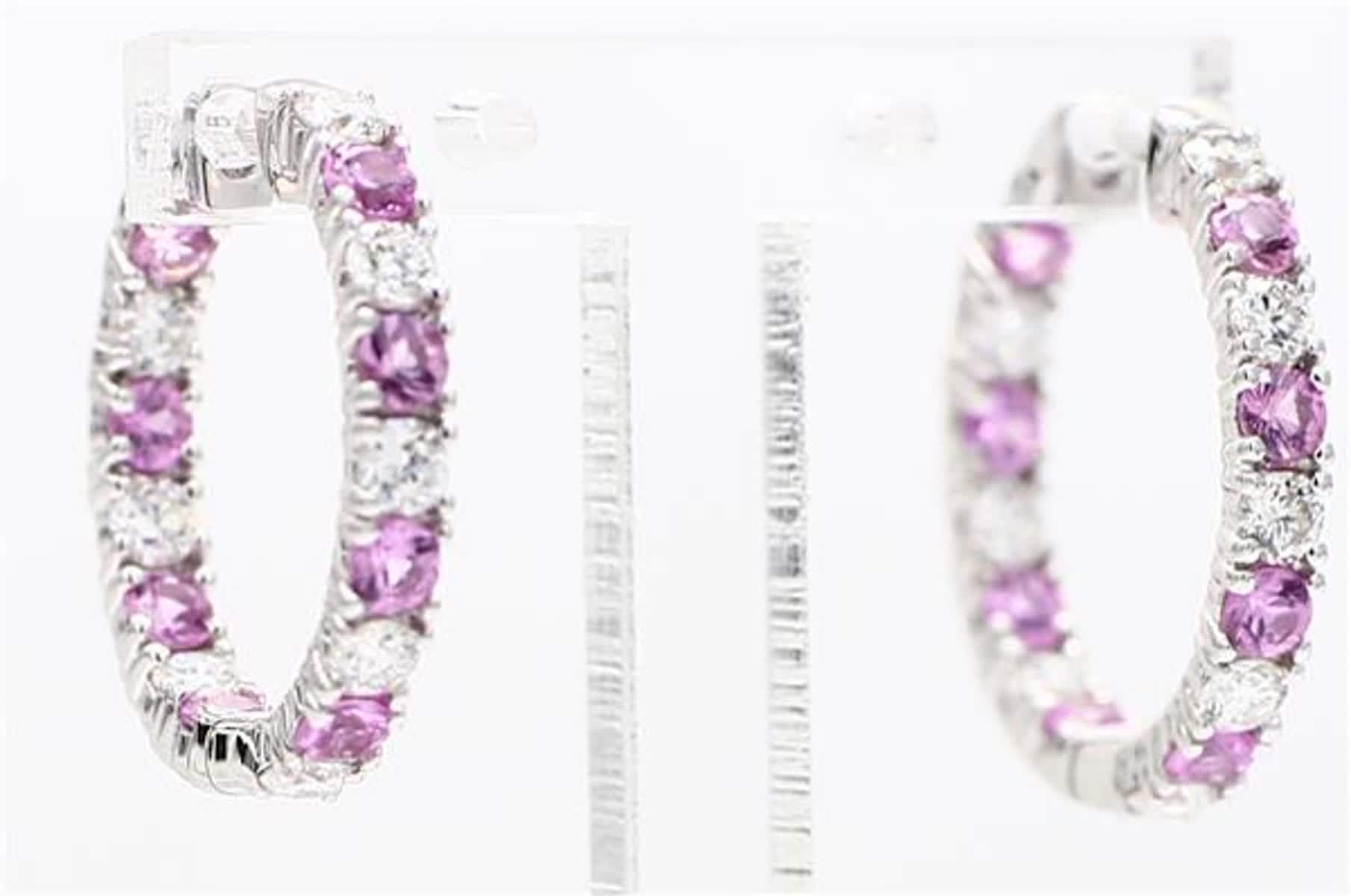 Natural Pink Round Sapphire and White Diamond 1.81 Carat TW White Gold Earrings