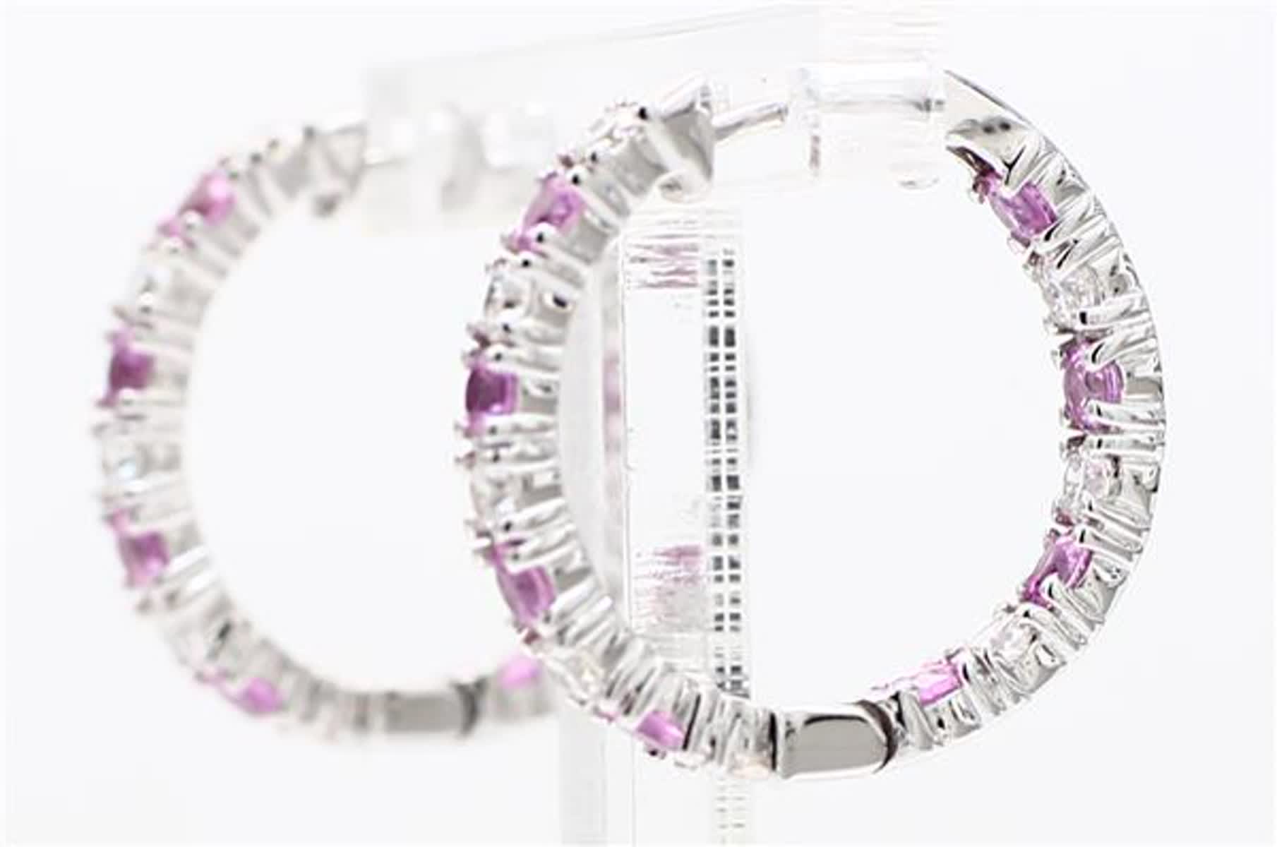 Natural Pink Round Sapphire and White Diamond 1.81 Carat TW White Gold Earrings