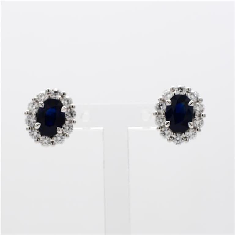 Natural Blue Oval Sapphire and White Diamond 2.87 Carat TW Gold Stud Earrings