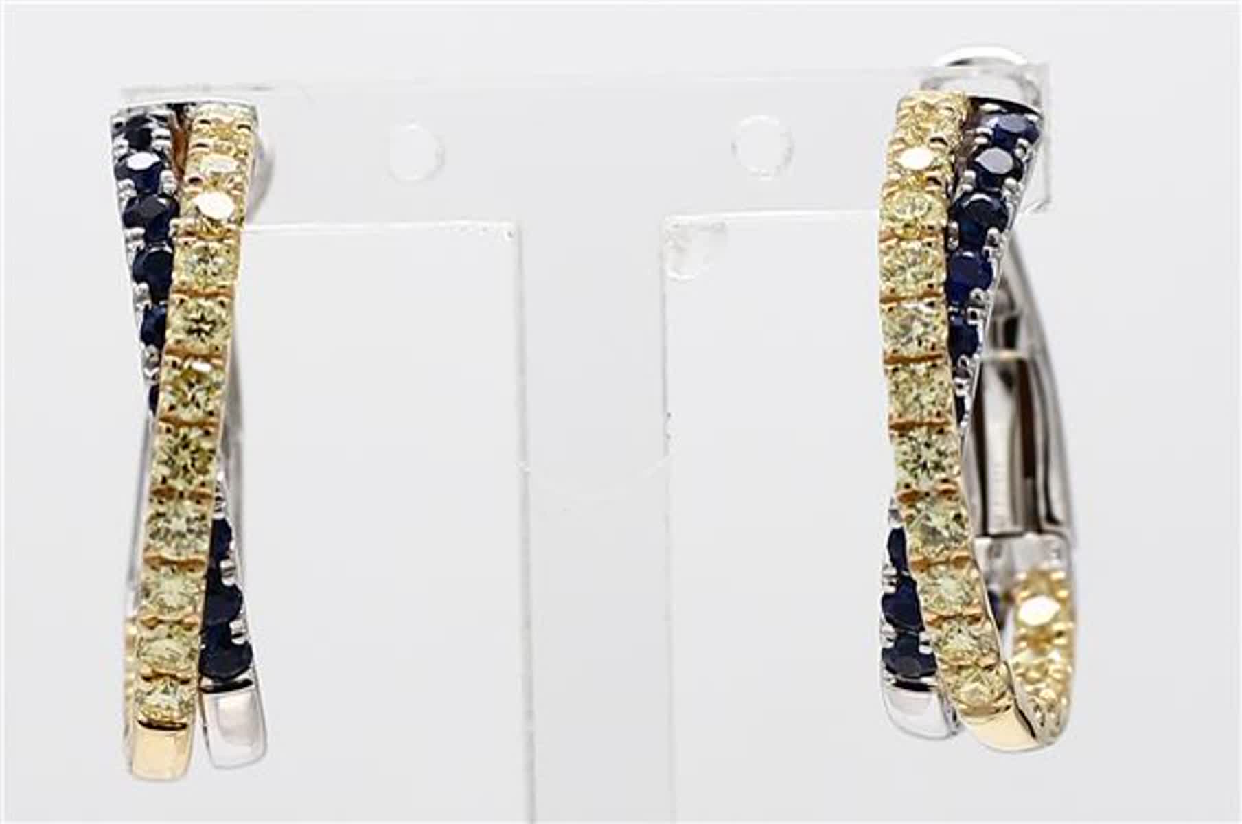 Natural Blue Round Sapphire and Yellow Diamond 1.99 Carat TW Gold Earrings