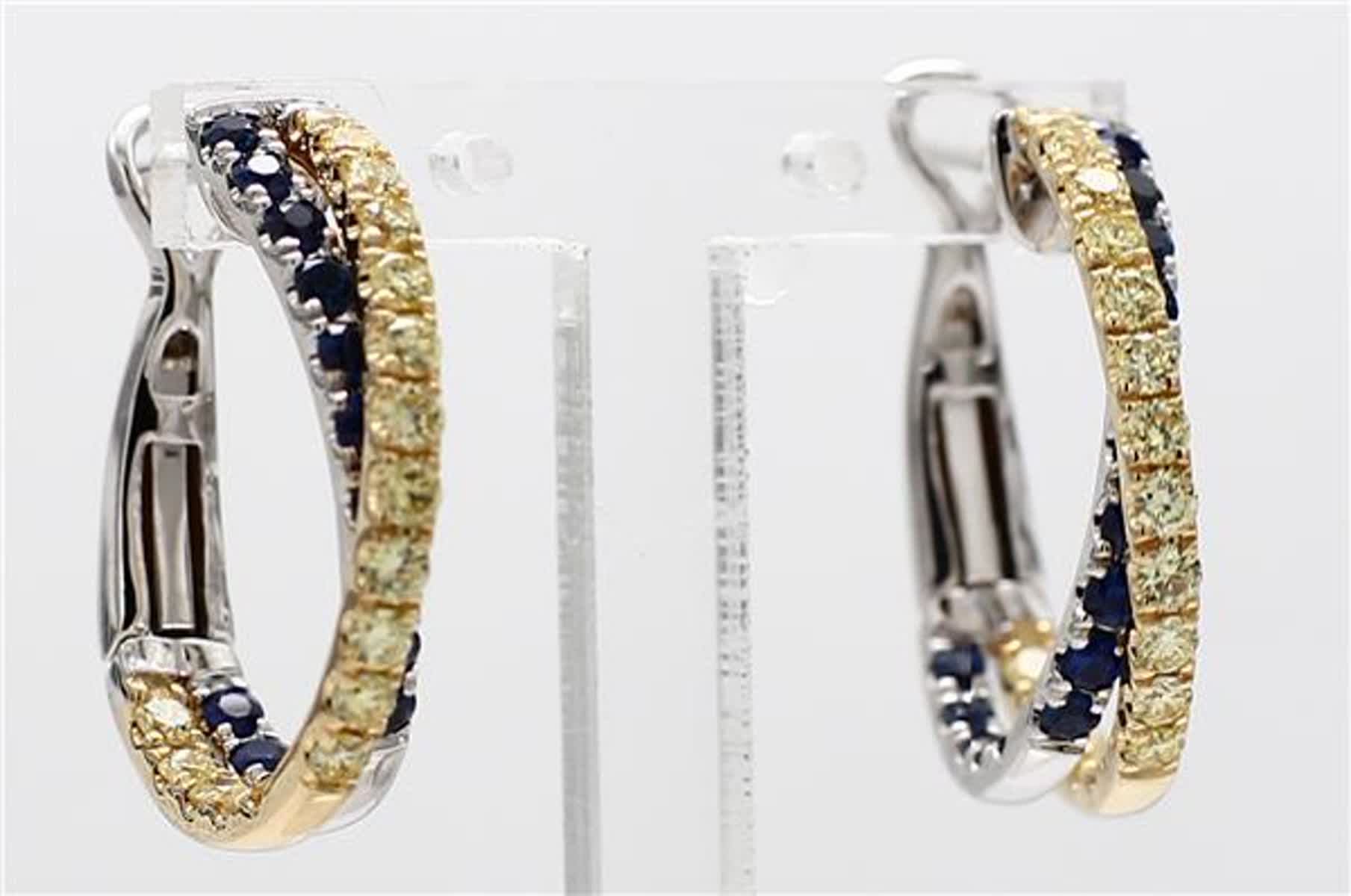 Natural Blue Round Sapphire and Yellow Diamond 1.99 Carat TW Gold Earrings