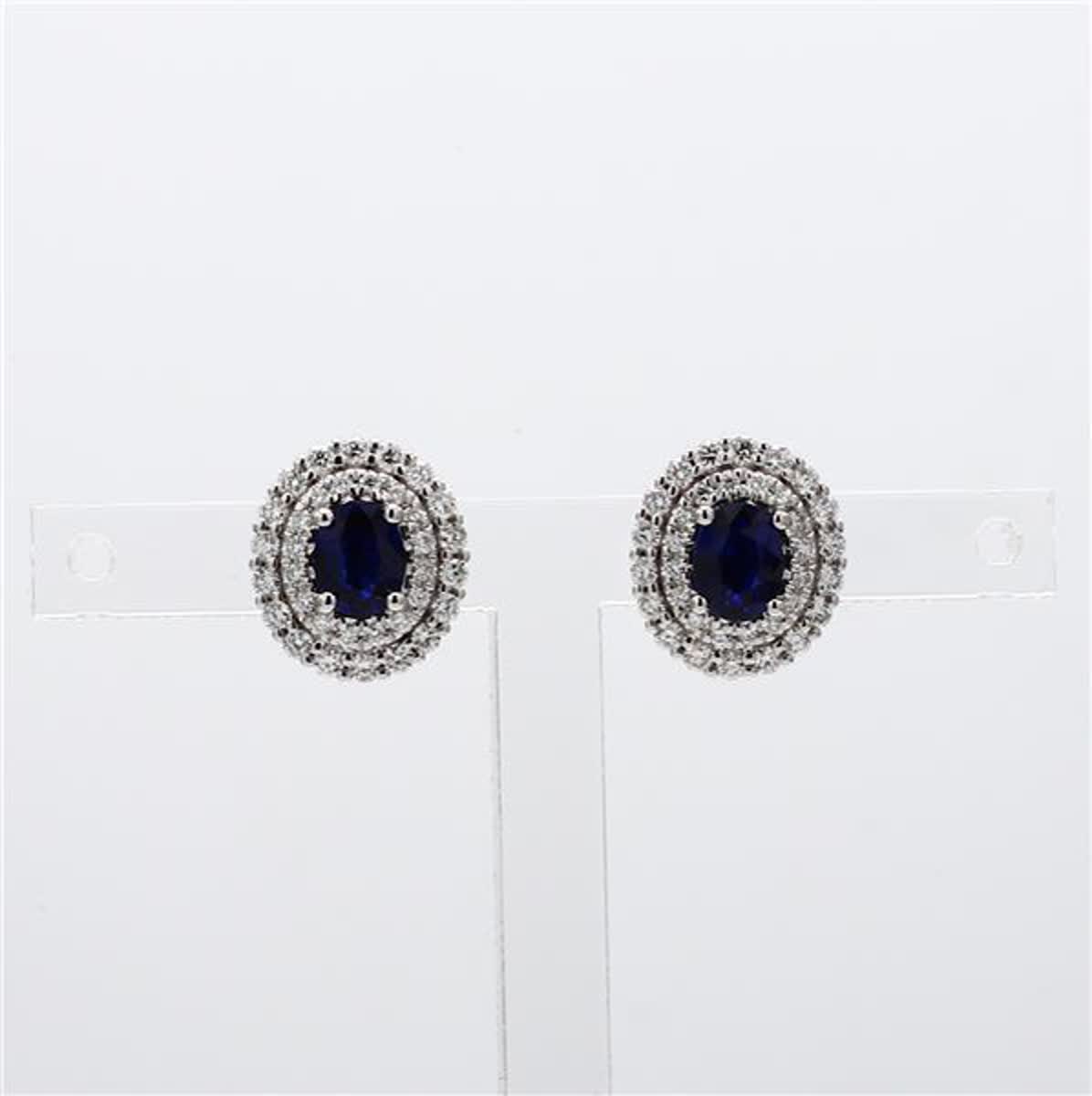 Natural Blue Oval Sapphire and White Diamond 1.39 Carat TW Gold Stud Earrings