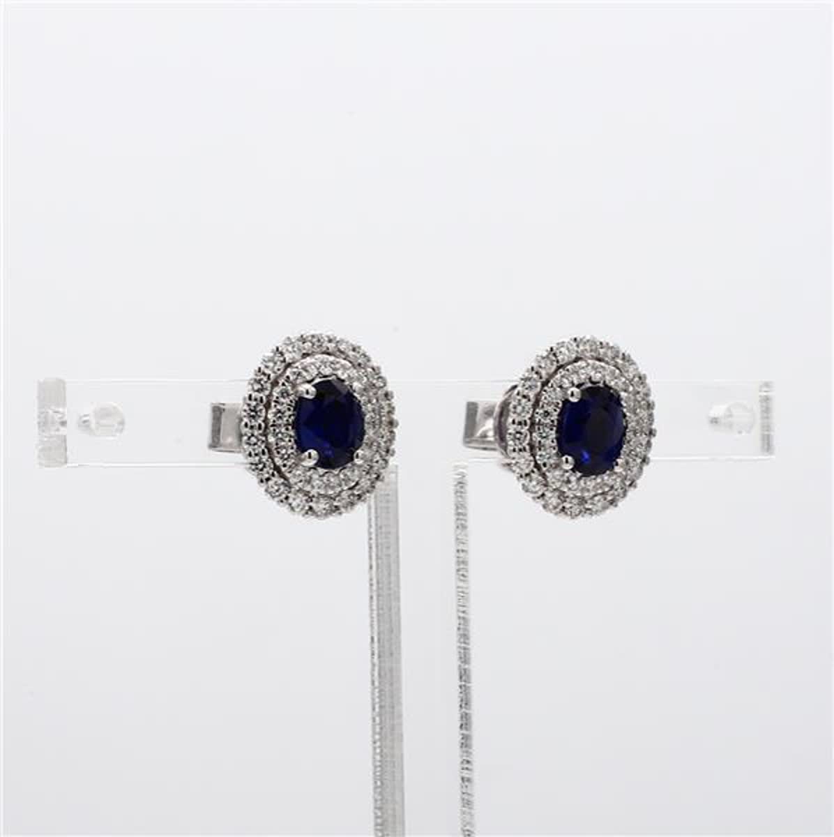 Natural Blue Oval Sapphire and White Diamond 1.39 Carat TW Gold Stud Earrings