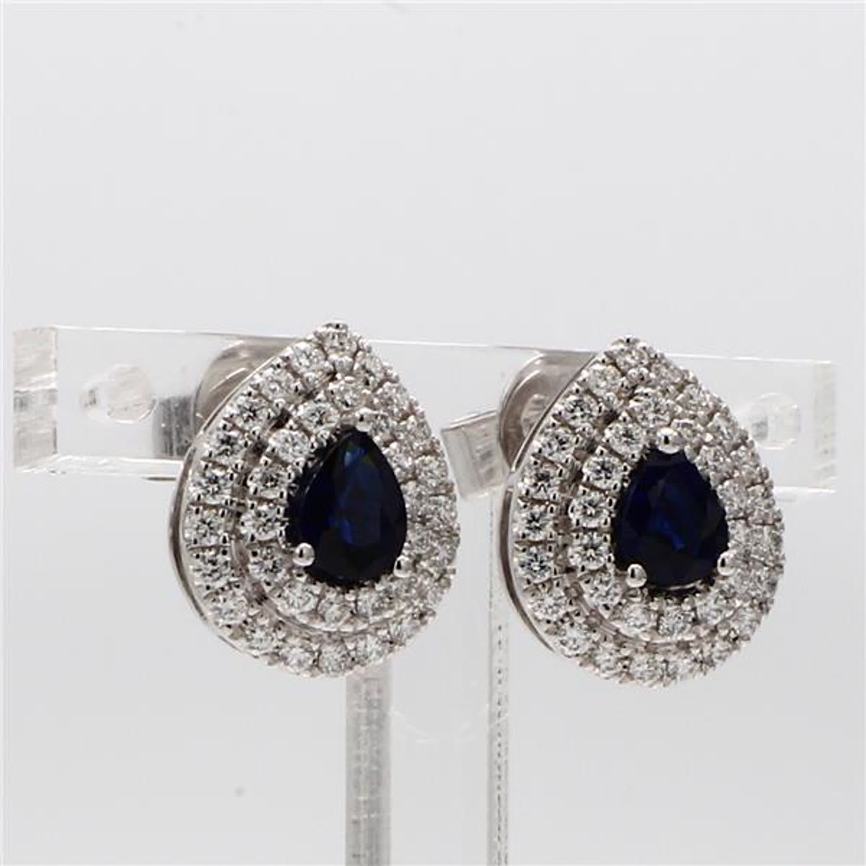 Natural Blue Pear Sapphire and White Diamond 1.32 Carat TW Gold Drop Earrings
