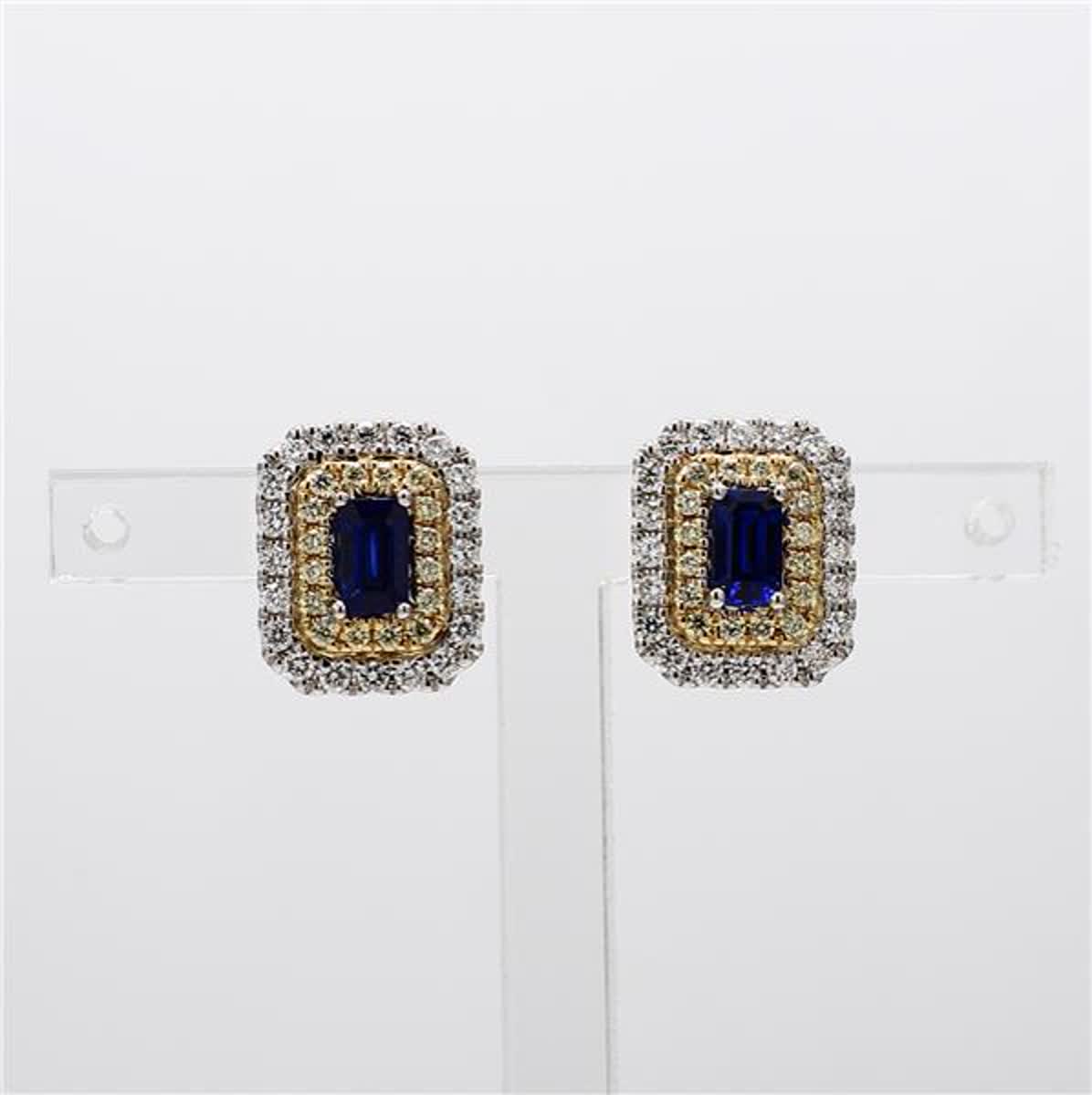 Natural Blue Emerald Cut Sapphire and White Diamond 1.34 Carat TW Gold Earrings
