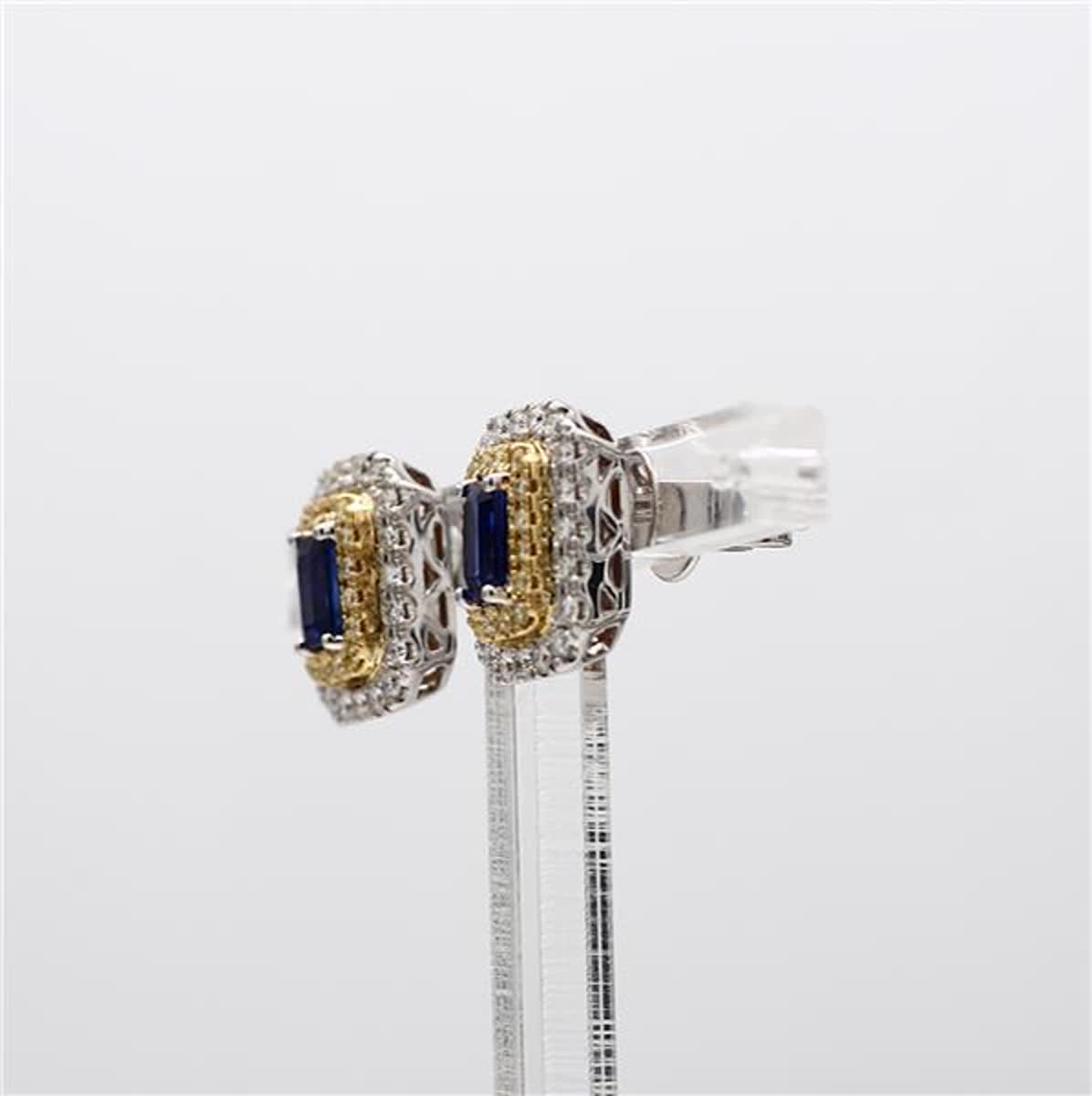 Natural Blue Emerald Cut Sapphire and White Diamond 1.34 Carat TW Gold Earrings