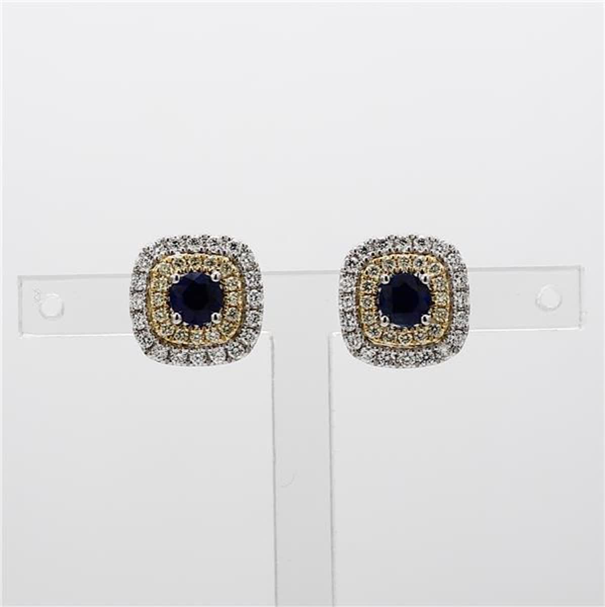 Natural Blue Round Sapphire and Diamond 1.19 Carat TW Gold Stud Earrings
