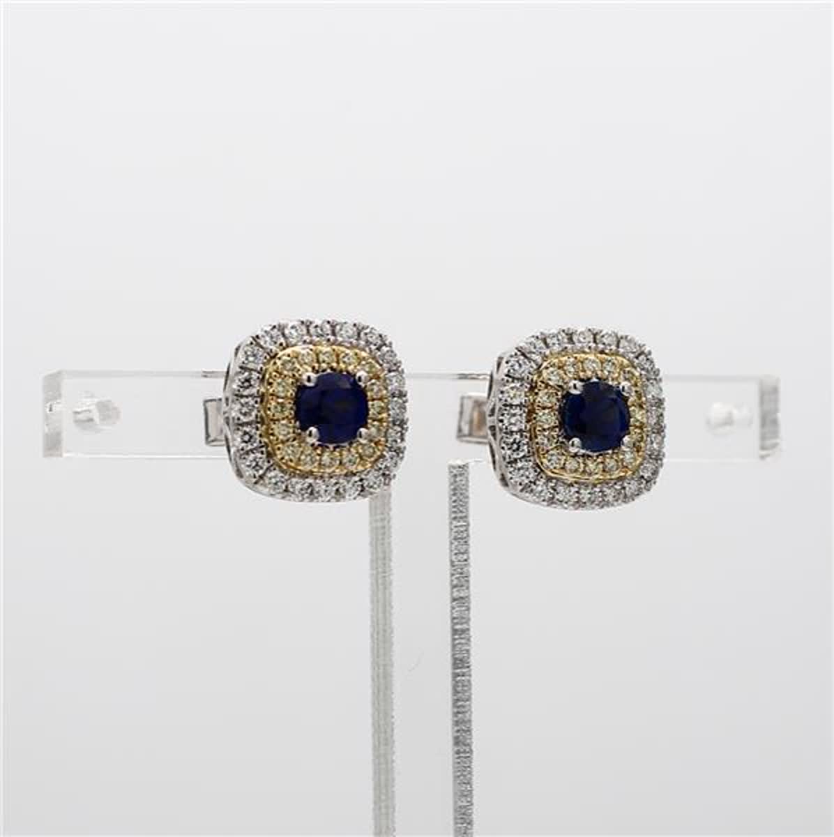 Natural Blue Round Sapphire and Diamond 1.19 Carat TW Gold Stud Earrings