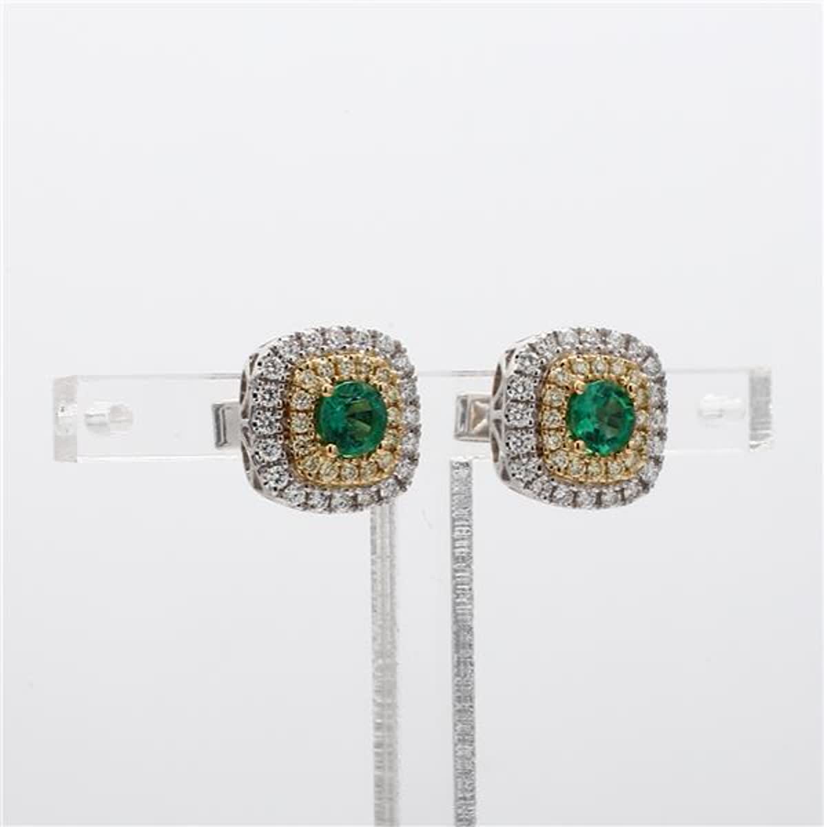 Natural Round Emerald and White Diamond .91 Carat TW Gold Stud Earrings