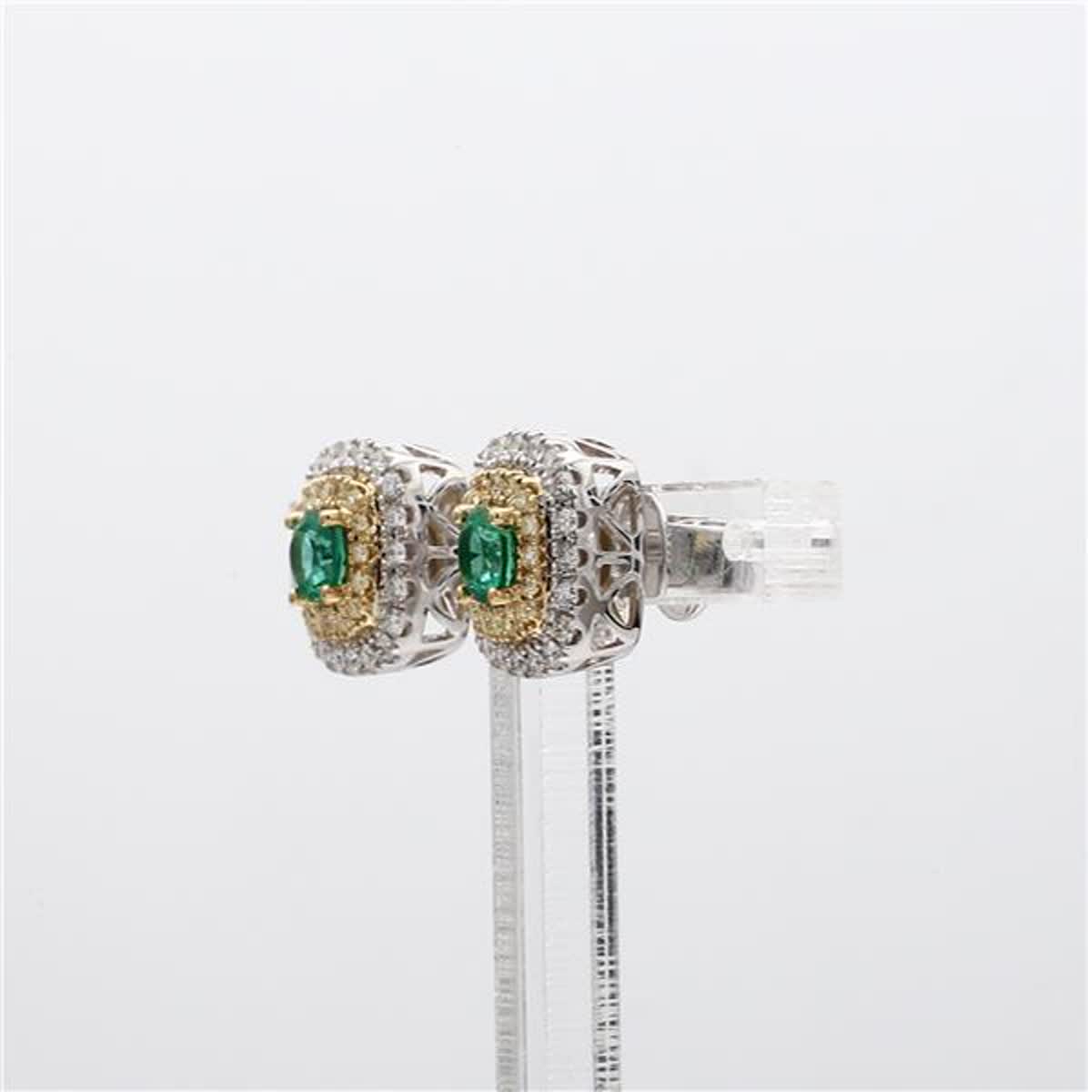 Natural Round Emerald and White Diamond .91 Carat TW Gold Stud Earrings