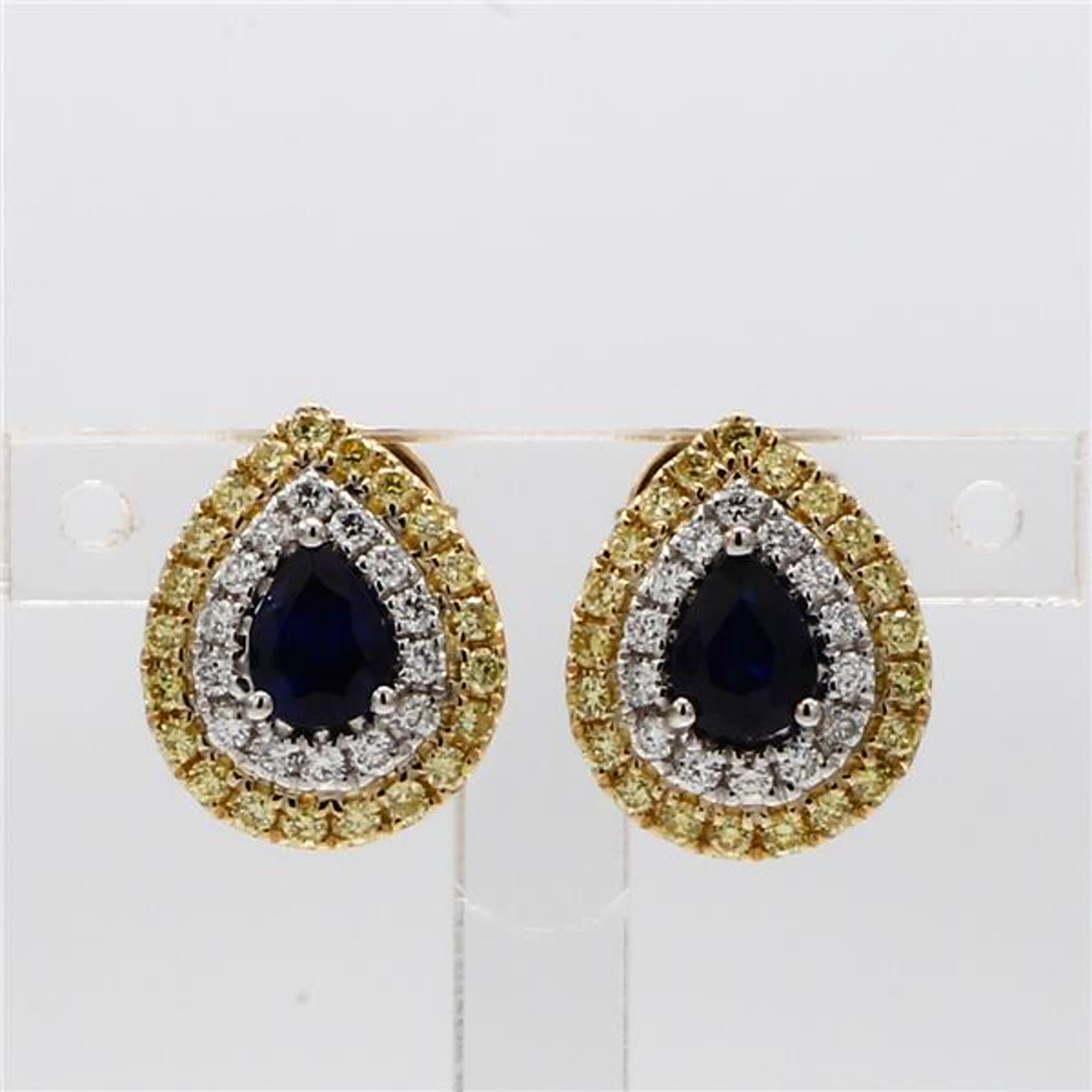 Natural Blue Pear Sapphire and Yellow Diamond 1.34 Carat TW Gold Stud Earrings