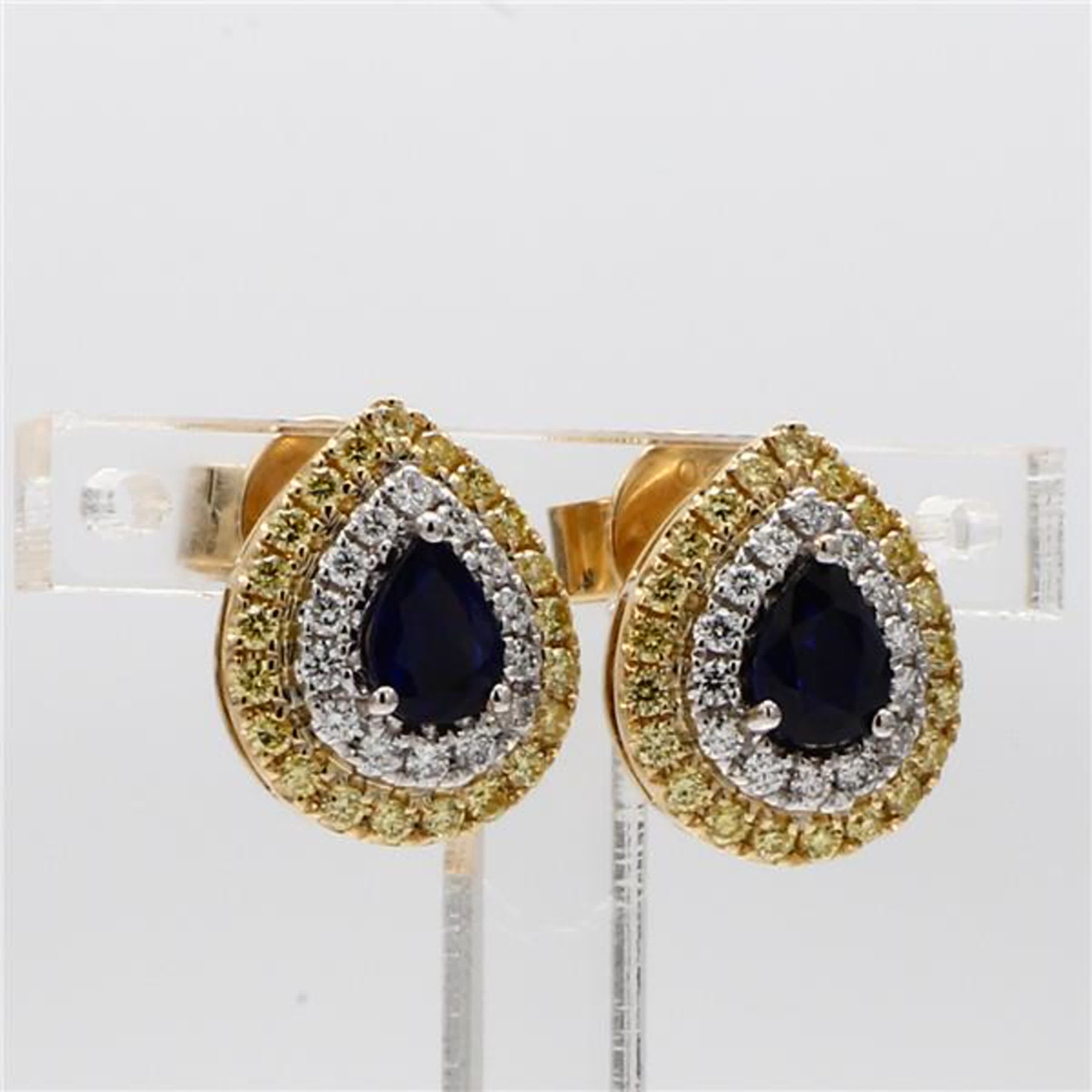 Natural Blue Pear Sapphire and Yellow Diamond 1.34 Carat TW Gold Stud Earrings