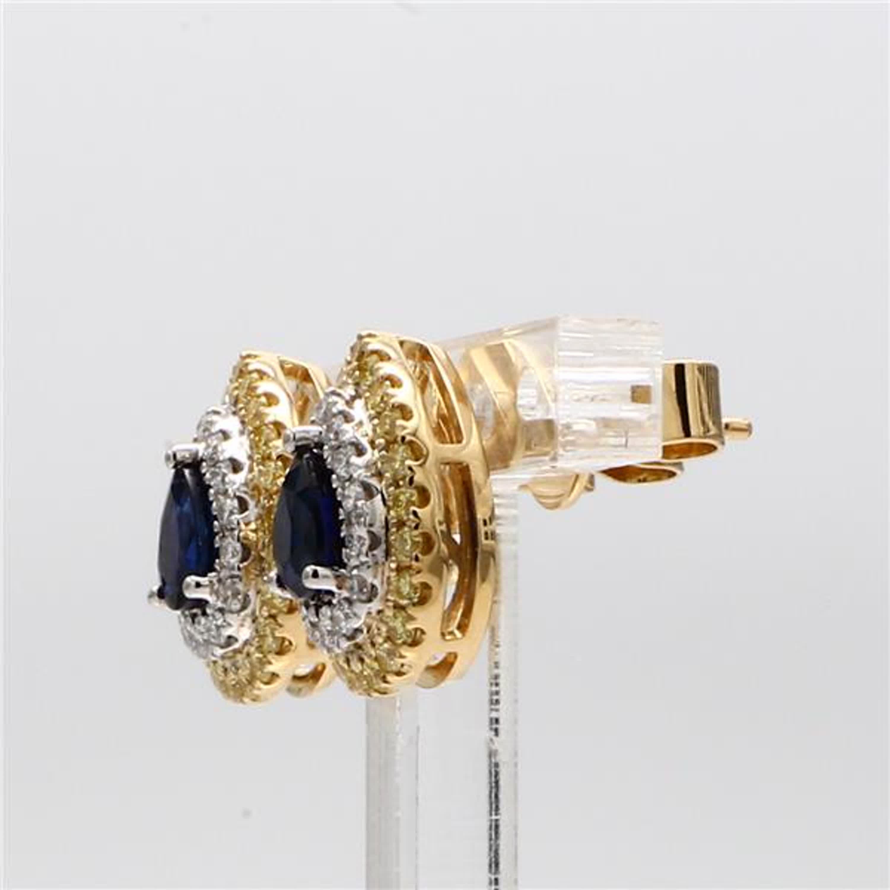 Natural Blue Pear Sapphire and Yellow Diamond 1.34 Carat TW Gold Stud Earrings