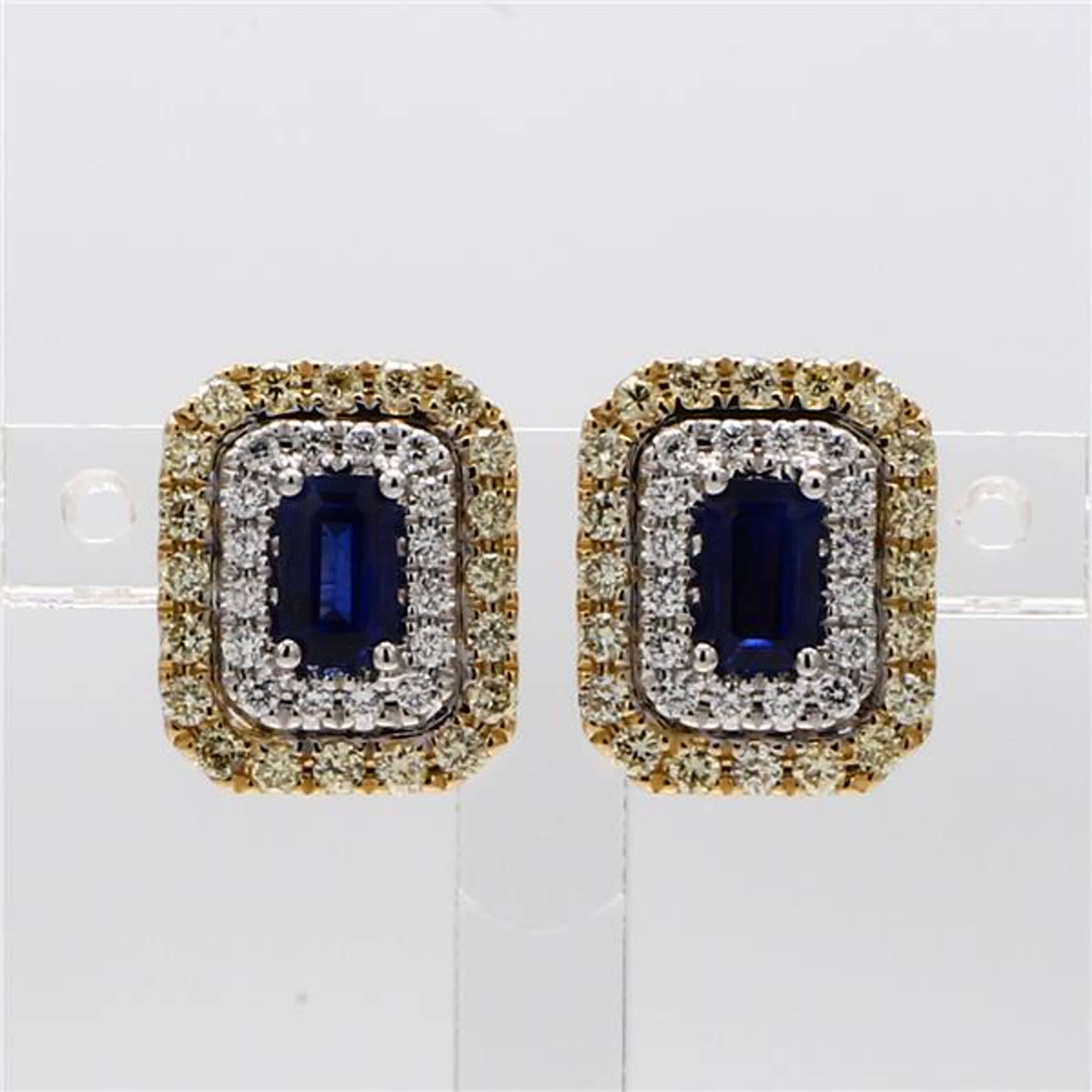 Natural Blue Emerald Cut Sapphire and Yellow Diamond 1.43 Carat TW Gold Earrings