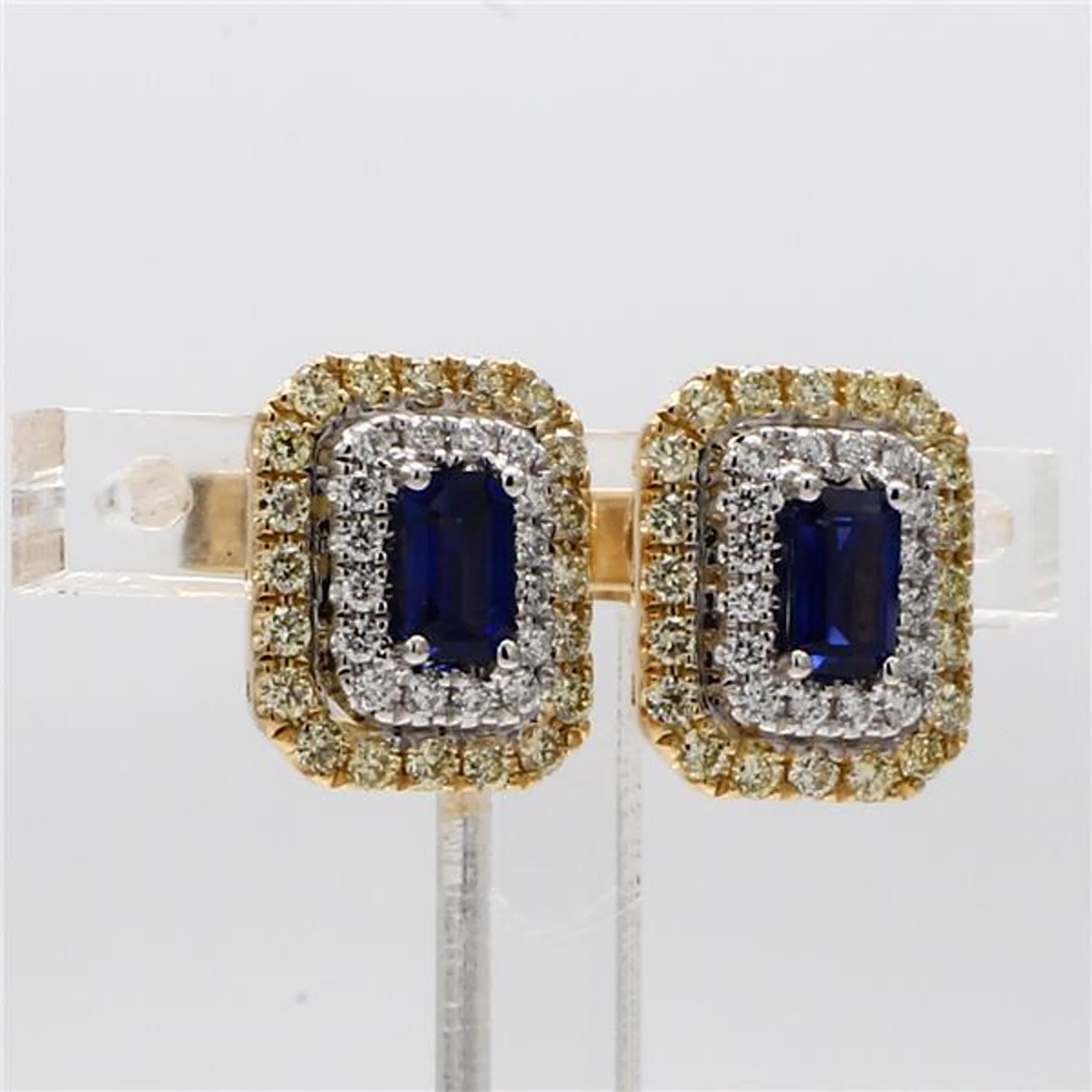 Natural Blue Emerald Cut Sapphire and Yellow Diamond 1.43 Carat TW Gold Earrings